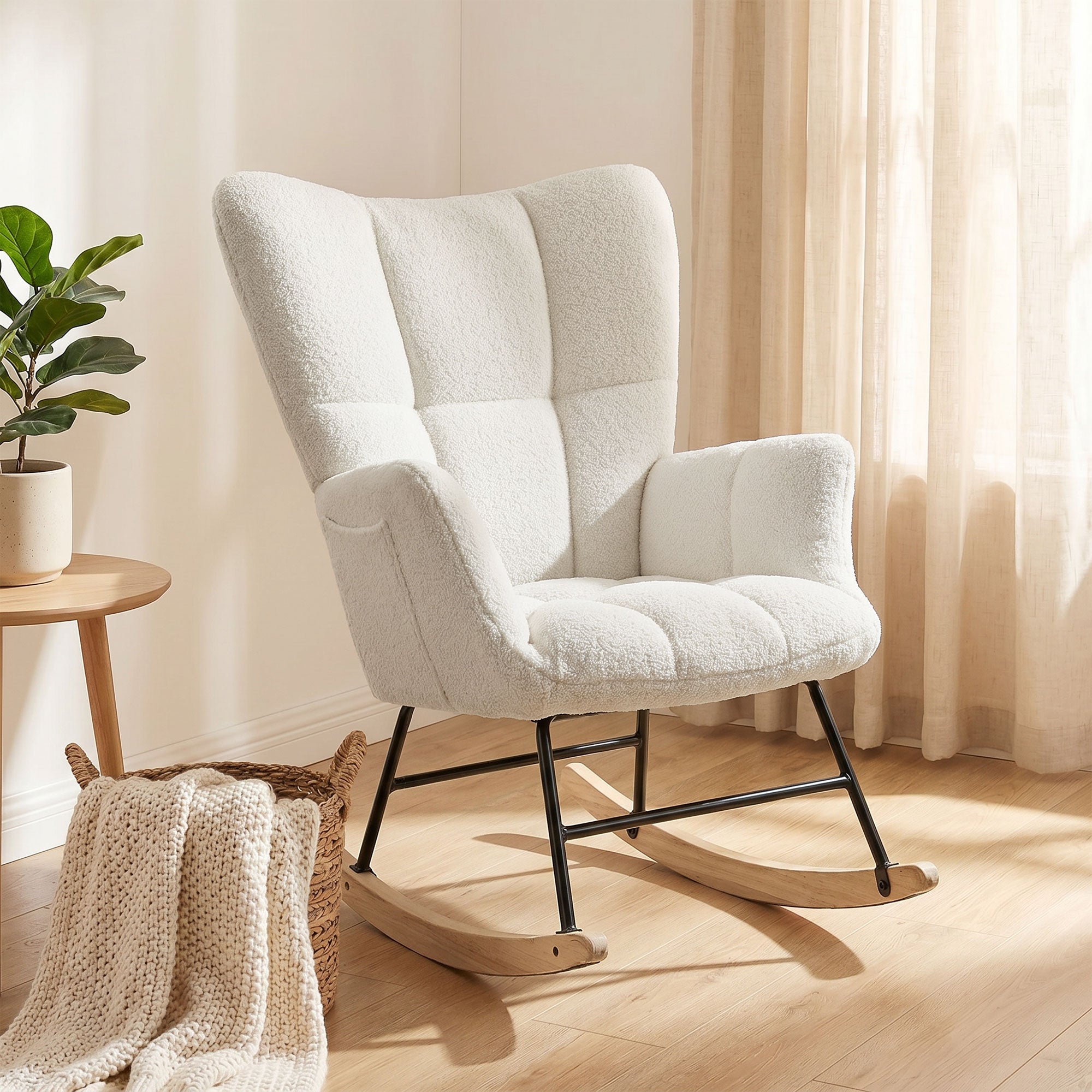 Fauteuil à Bascule, Rocking Chair en Peluche Teddy, Poches Latérales, Dossier à Oreilles Capitonné, Assise Rembourrée, Pieds en Bois d'hévéa, Chaise à Bascule Moderne pour Salon, Chambre, Crème