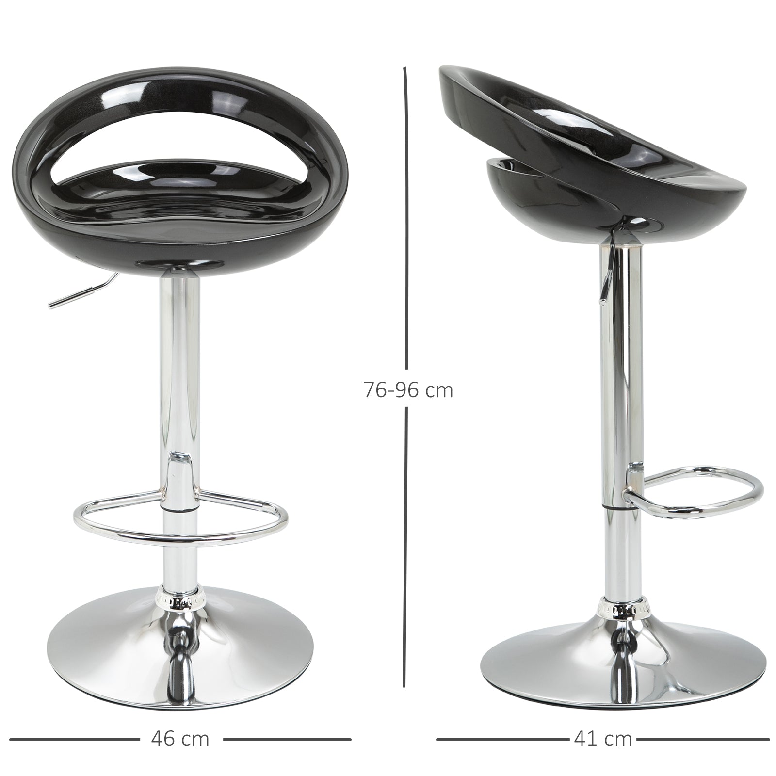 Lot de 2 tabourets de bar, chaises de bar réglable en hauteur, chaise haute cuisine avec dossier, repose-pieds, pivotant 360°, ABS et métal, pour salle à manger, comptoir, 46x41x76-96cm, noir