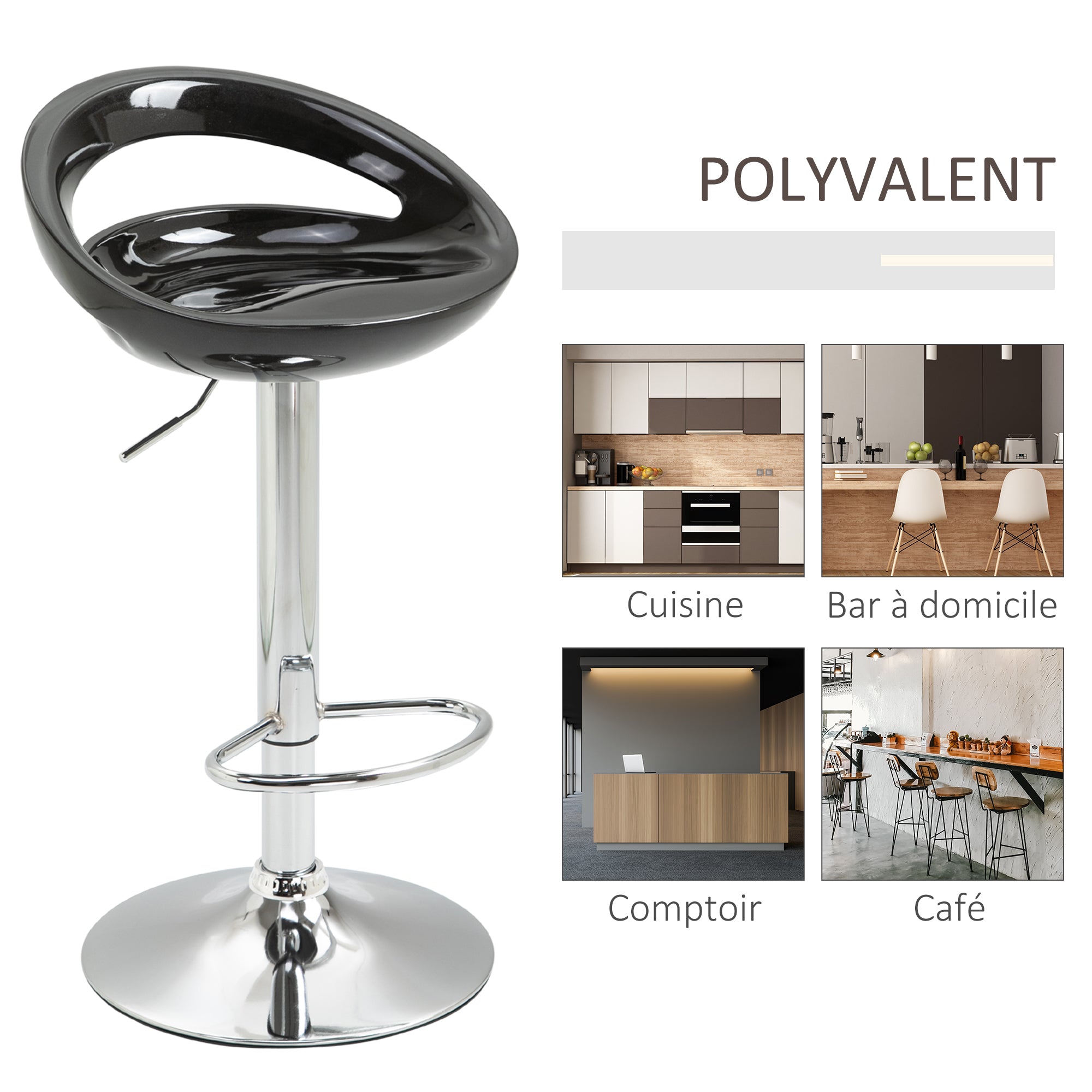 Lot de 2 tabourets de bar, chaises de bar réglable en hauteur, chaise haute cuisine avec dossier, repose-pieds, pivotant 360°, ABS et métal, pour salle à manger, comptoir, 46x41x76-96cm, noir