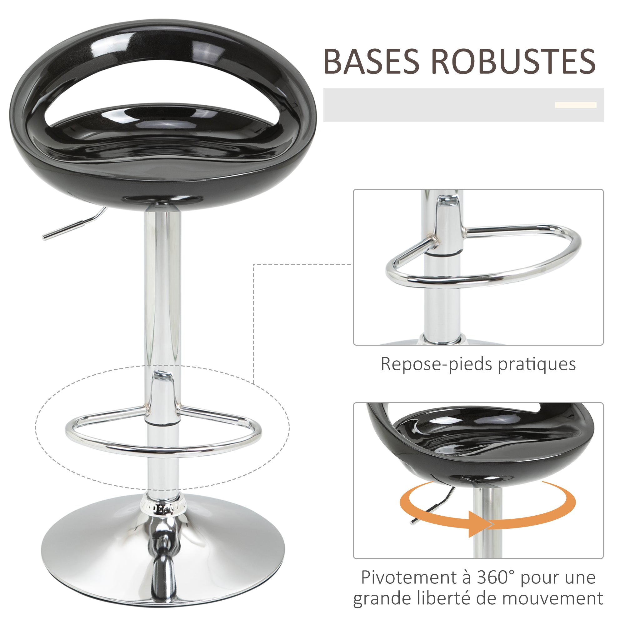 Lot de 2 tabourets de bar, chaises de bar réglable en hauteur, chaise haute cuisine avec dossier, repose-pieds, pivotant 360°, ABS et métal, pour salle à manger, comptoir, 46x41x76-96cm, noir
