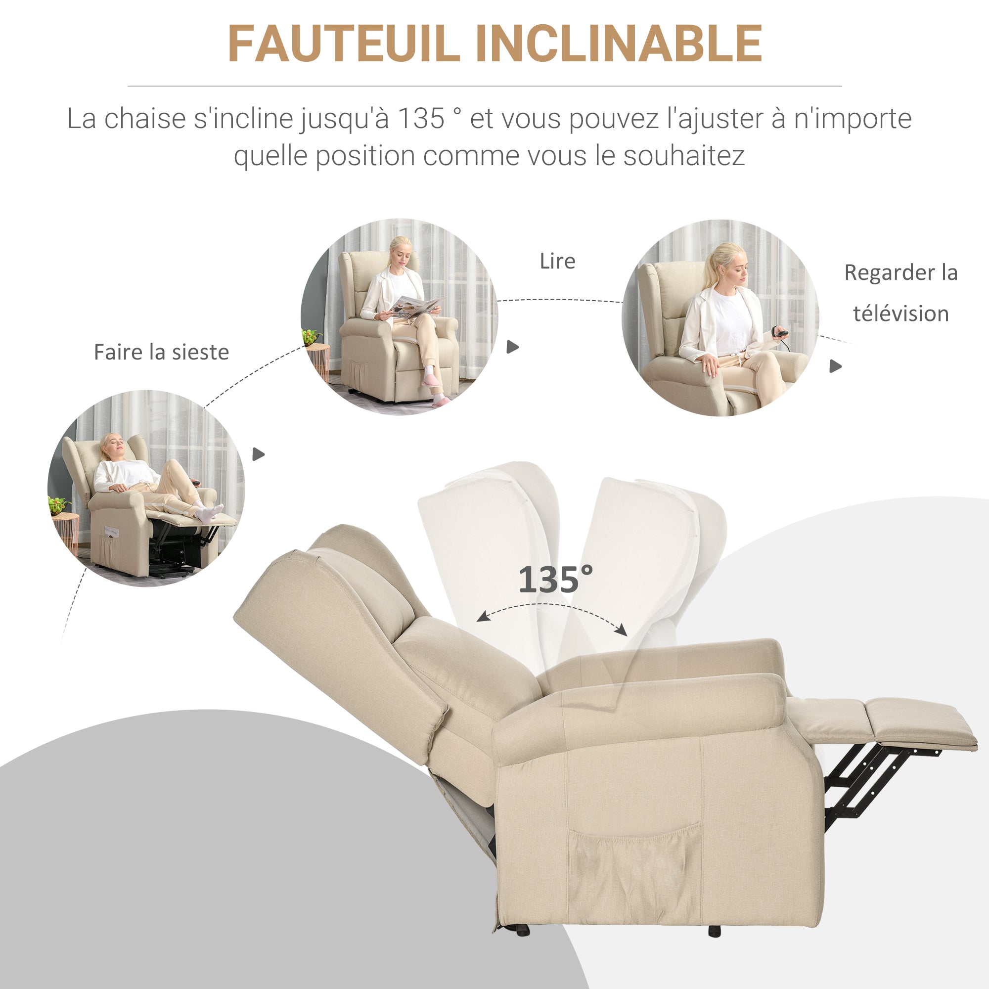 Fauteuil releveur inclinable avec Repose-Pied Fauteuil Relax Électrique de Relaxation électrique Ajustable avec Télécommande et Poche latérale de Rangement Lin Crème