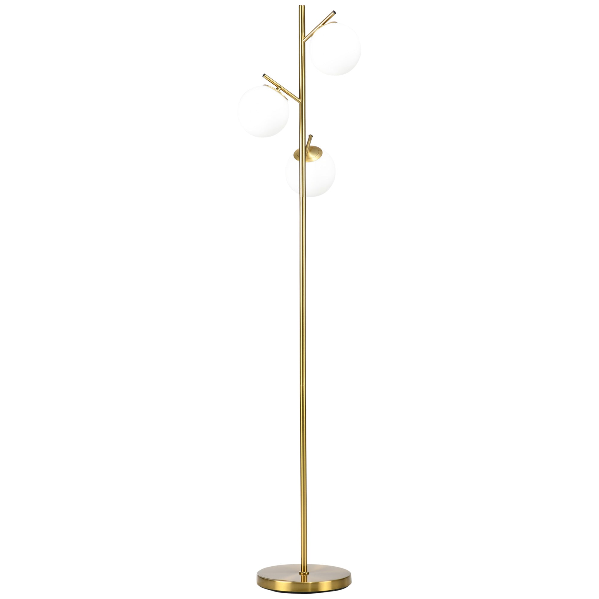 Lampadaire sur pied salon en métal doré avec 3 abat-jours globe blanc verre dépoli - 40W - Ø 27 x 169 cm doré