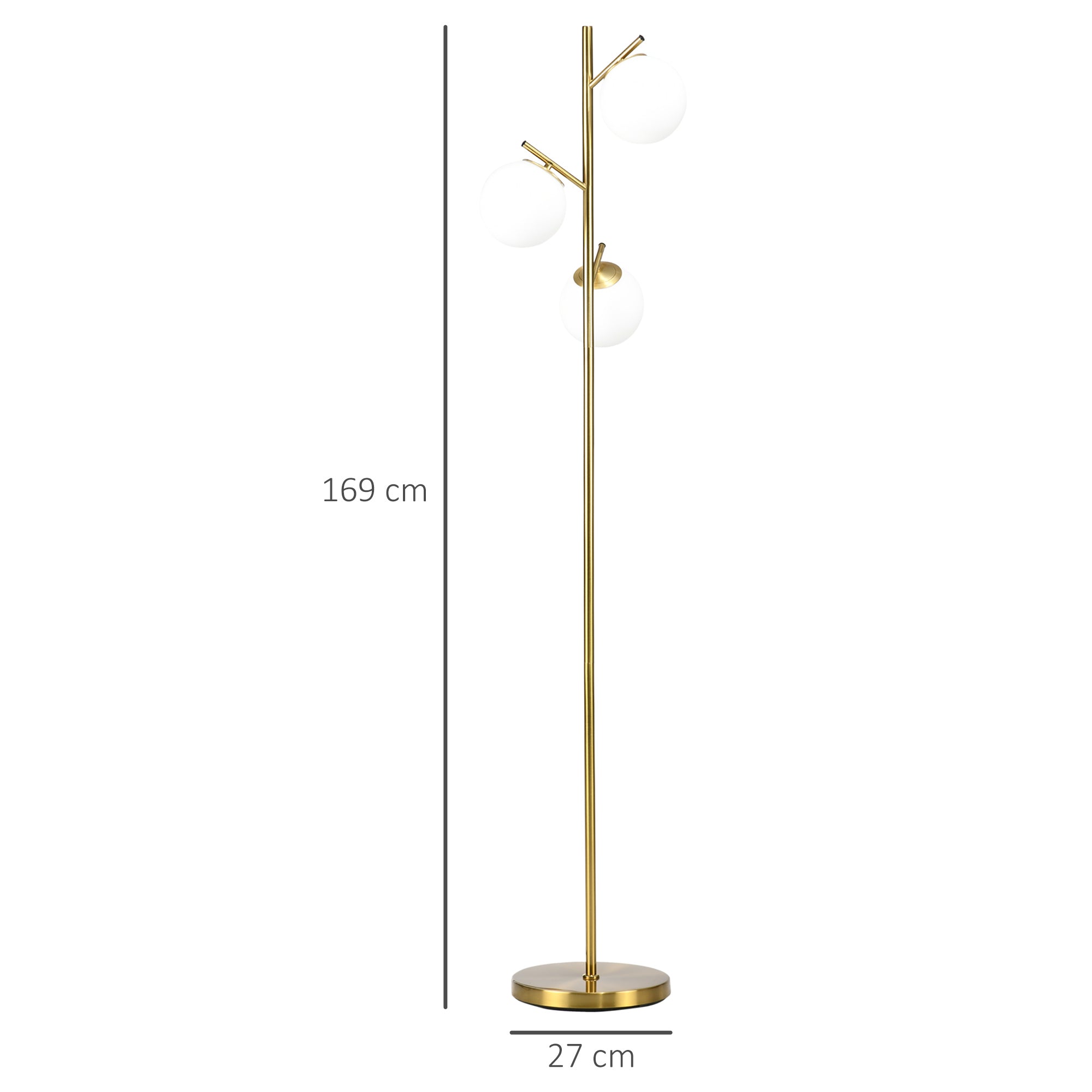 Lampadaire sur pied salon en métal doré avec 3 abat-jours globe blanc verre dépoli - 40W - Ø 27 x 169 cm doré