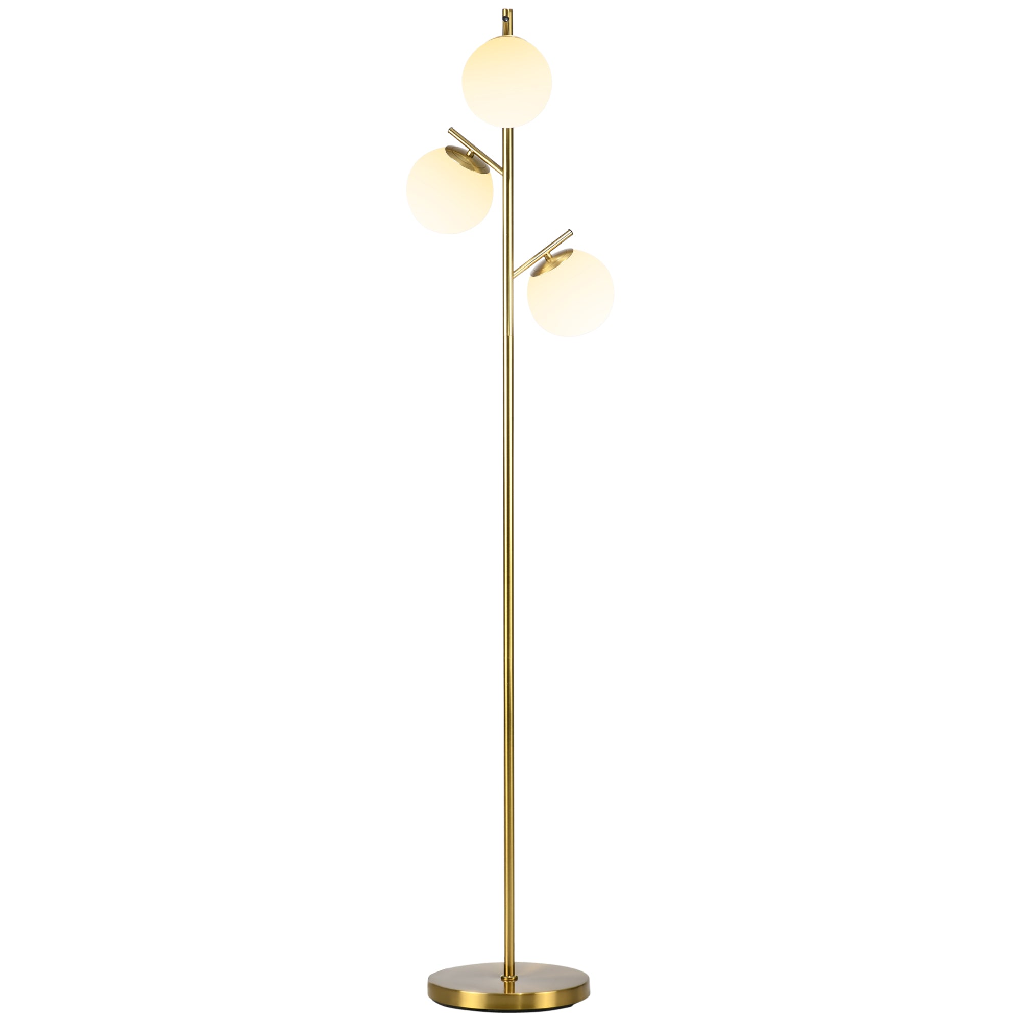 Lampadaire sur pied salon en métal doré avec 3 abat-jours globe blanc verre dépoli - 40W - Ø 27 x 169 cm doré