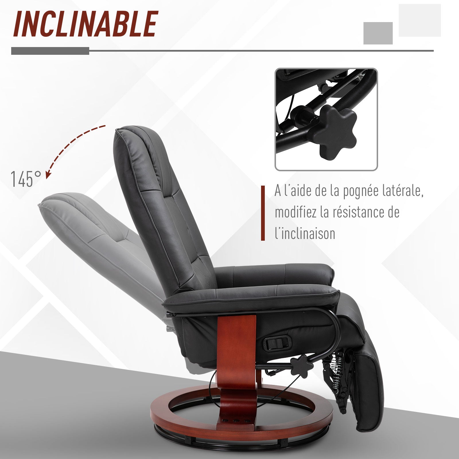 Fauteuil relax inclinable fauteuil de salon repose-pieds réglable pivotant 360° piètement bois revêtement synthétique noir
