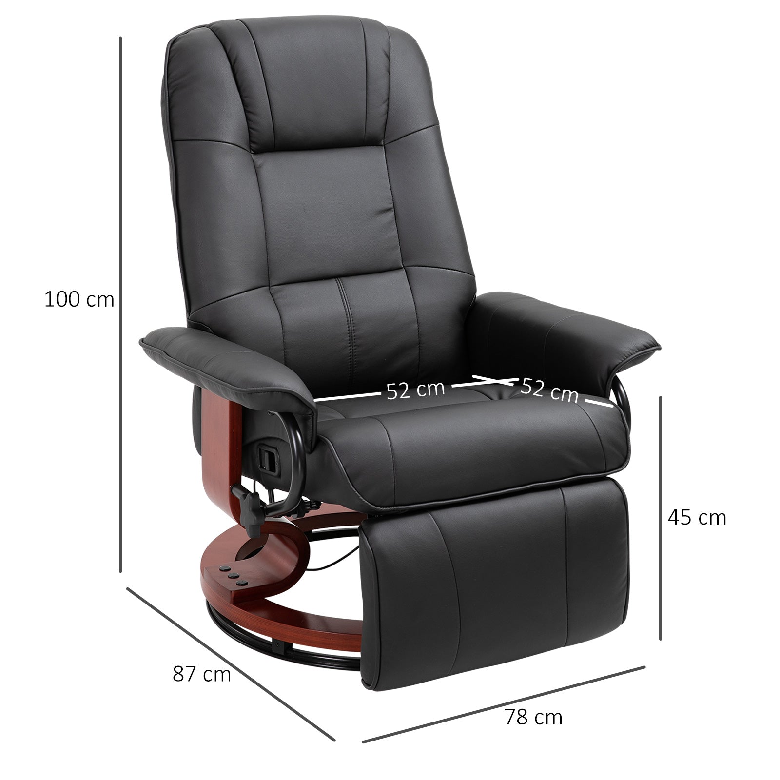 Fauteuil relax inclinable fauteuil de salon repose-pieds réglable pivotant 360° piètement bois revêtement synthétique noir