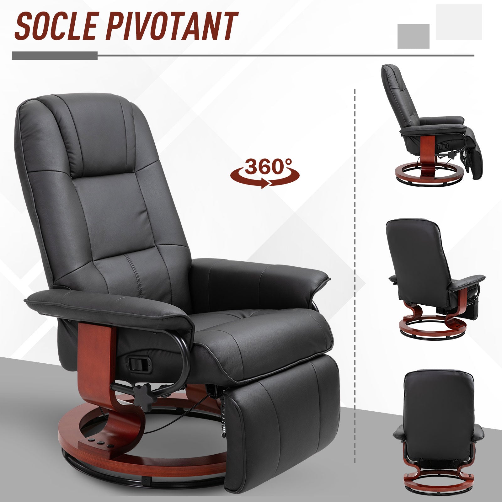 Fauteuil relax inclinable fauteuil de salon repose-pieds réglable pivotant 360° piètement bois revêtement synthétique noir
