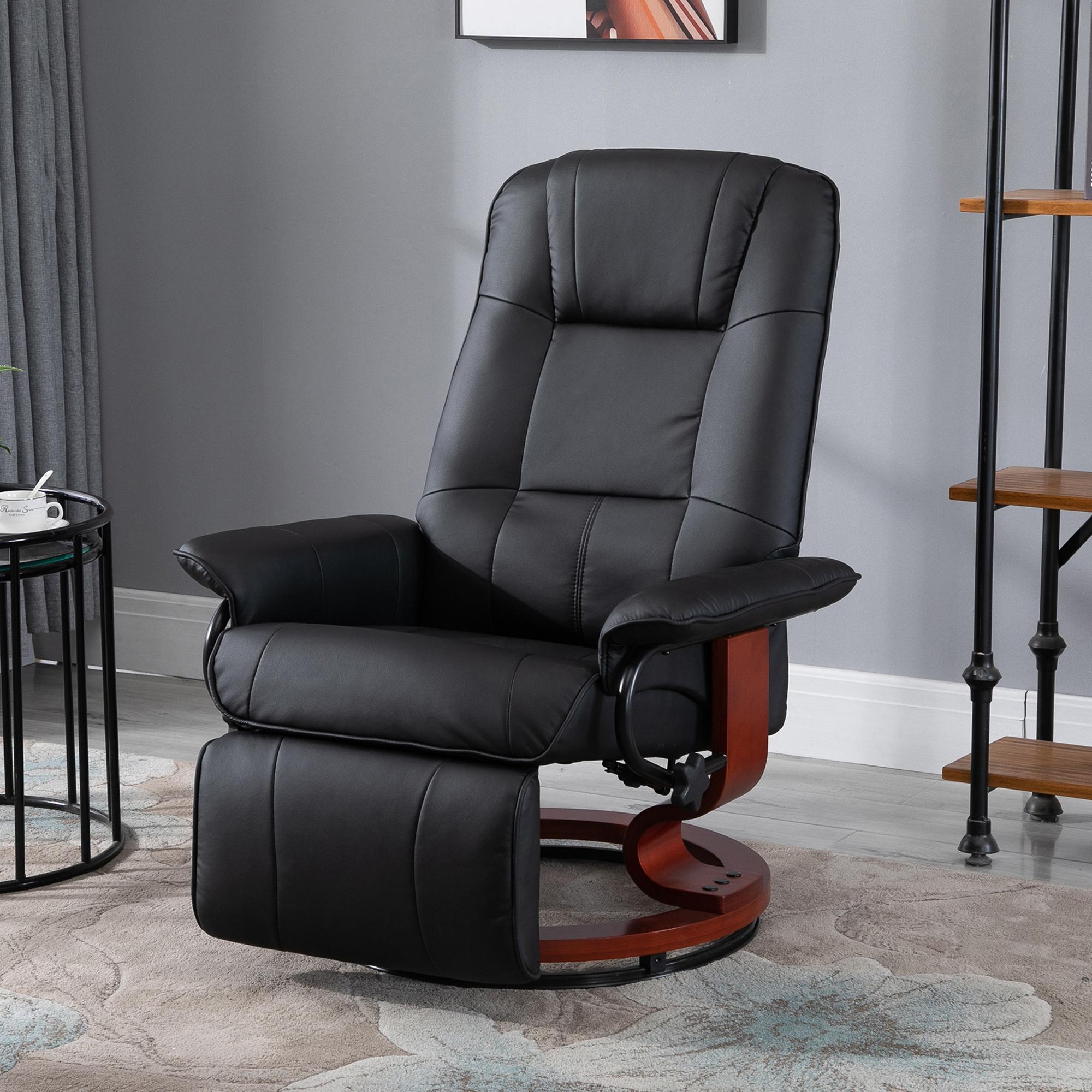 Fauteuil relax inclinable fauteuil de salon repose-pieds réglable pivotant 360° piètement bois revêtement synthétique noir