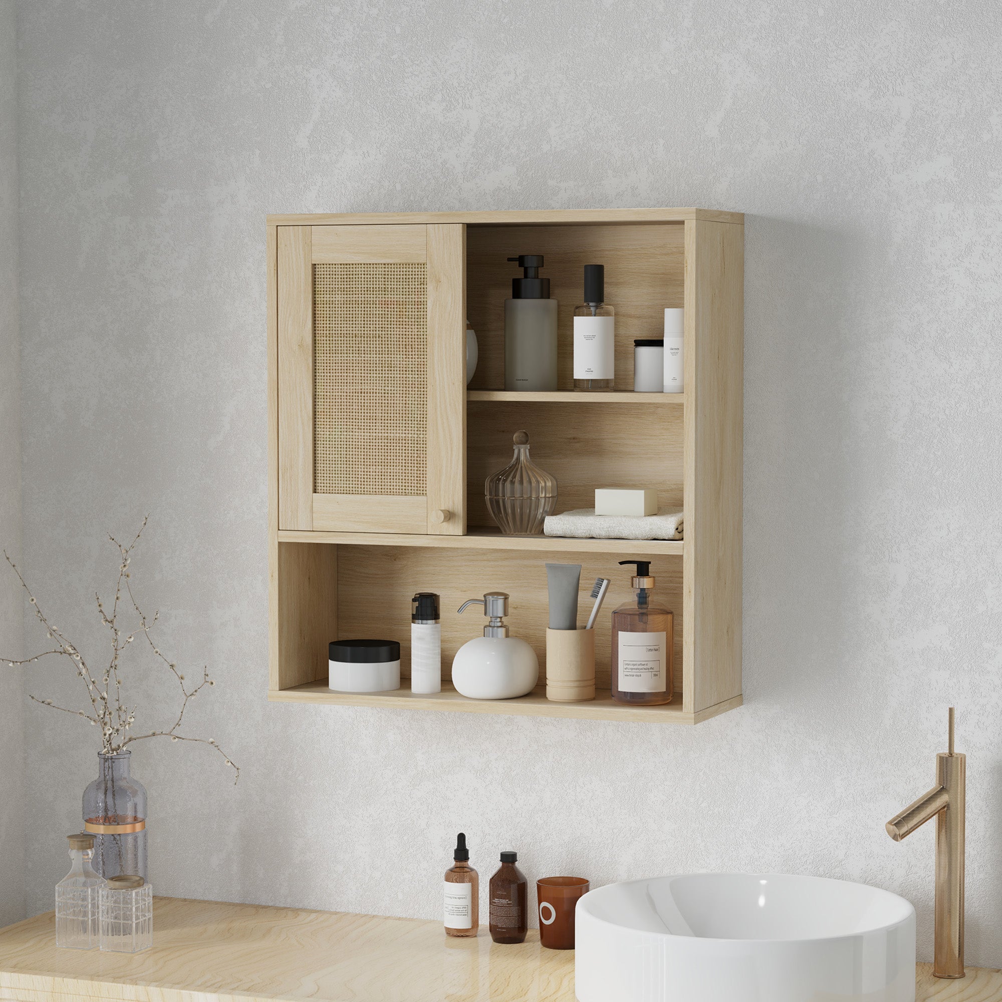 Armoire murale, meuble haut salle de bain avec porte coulissante en rotin et étagères ouvertes, meuble de salle de bain style bohème, meuble de rangement suspendu, 60 x 20 x 65 cm, bois naturel