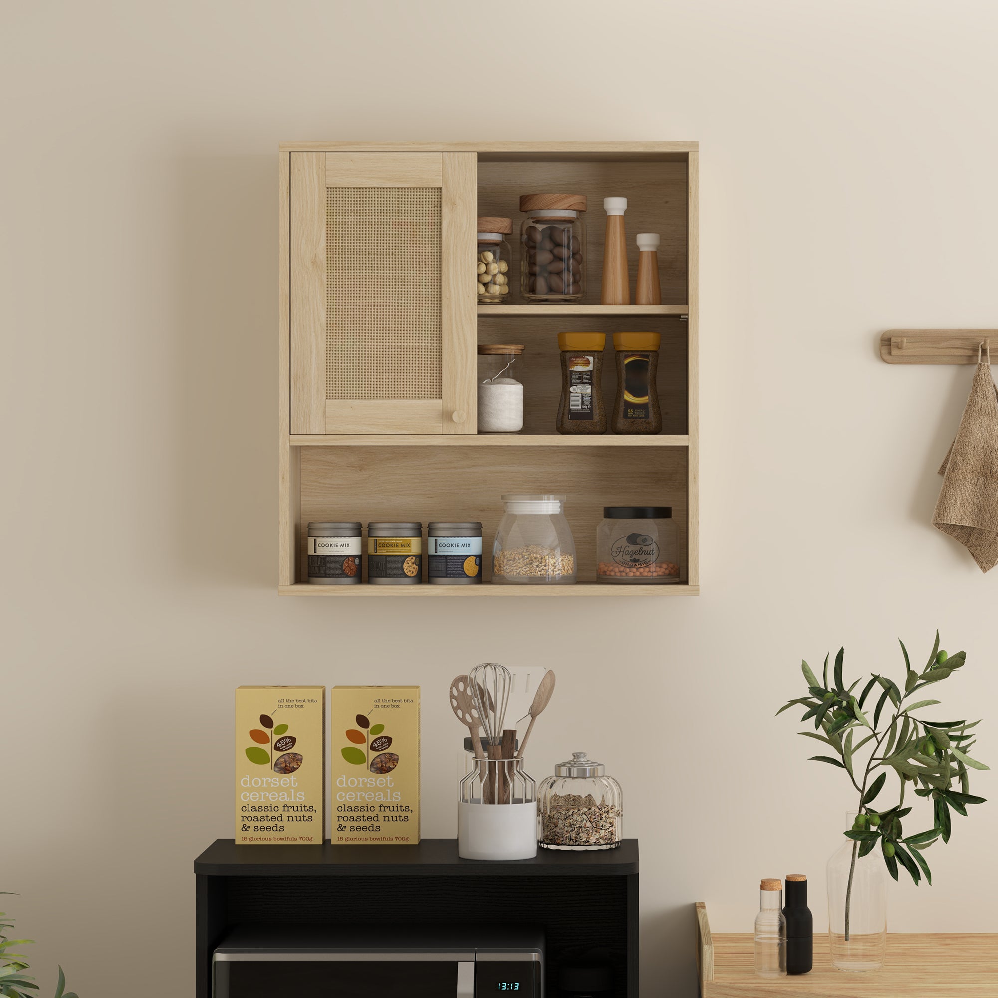 Armoire murale, meuble haut salle de bain avec porte coulissante en rotin et étagères ouvertes, meuble de salle de bain style bohème, meuble de rangement suspendu, 60 x 20 x 65 cm, bois naturel