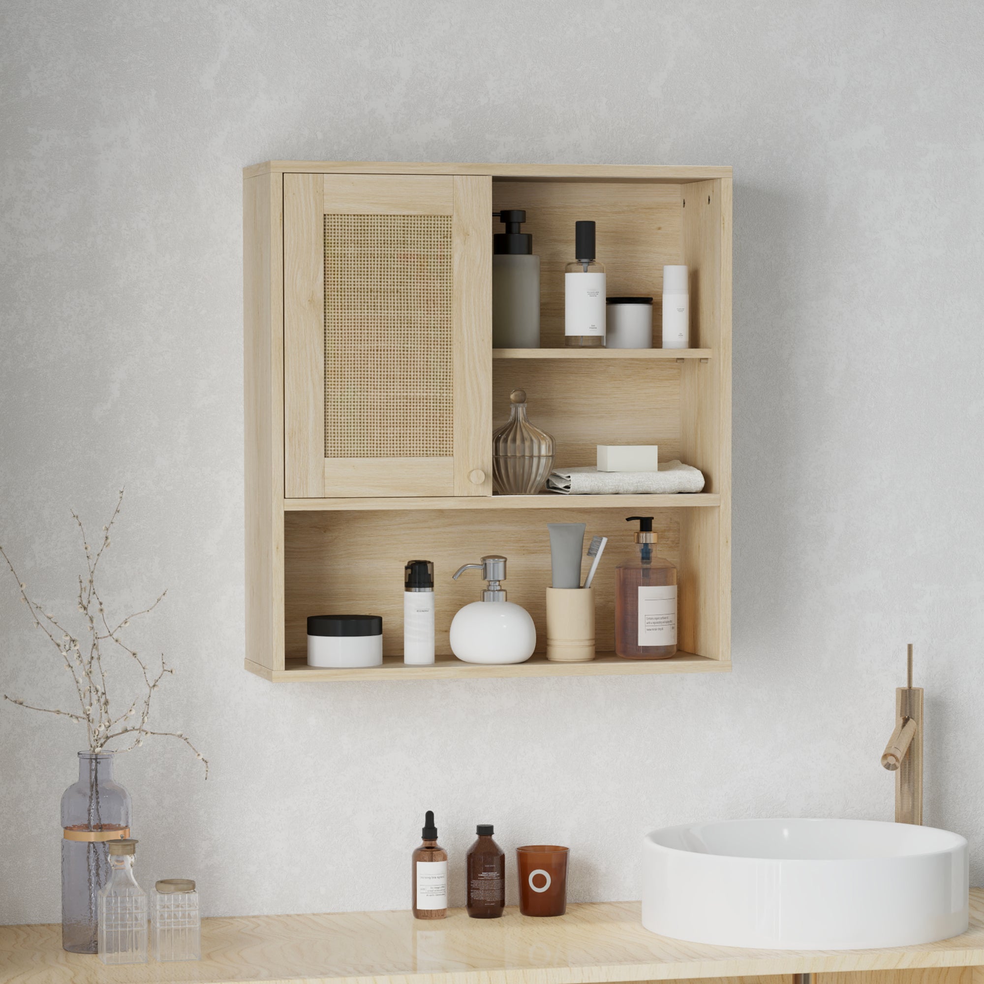 Armoire murale, meuble haut salle de bain avec porte coulissante en rotin et étagères ouvertes, meuble de salle de bain style bohème, meuble de rangement suspendu, 60 x 20 x 65 cm, bois naturel