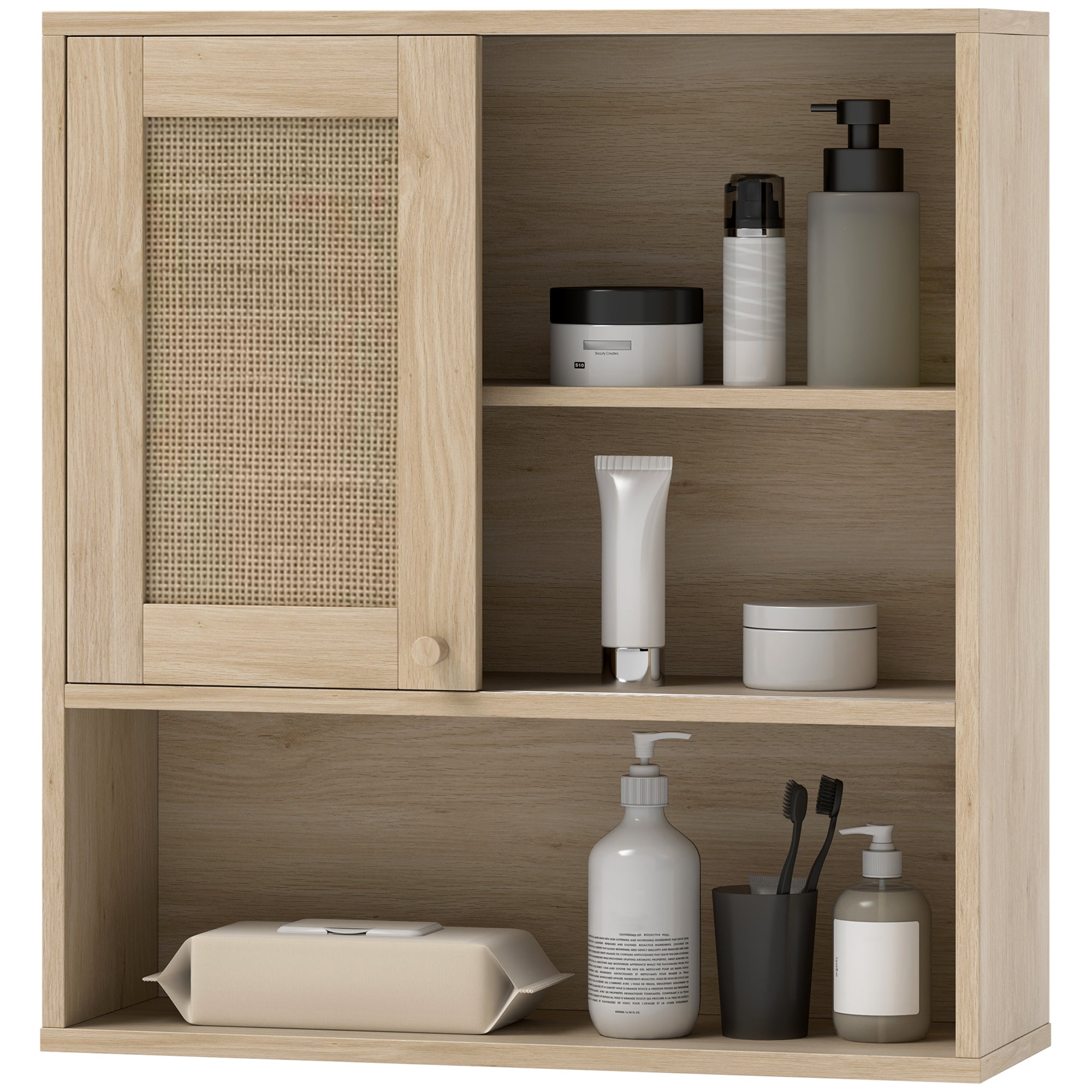 Armoire murale, meuble haut salle de bain avec porte coulissante en rotin et étagères ouvertes, meuble de salle de bain style bohème, meuble de rangement suspendu, 60 x 20 x 65 cm, bois naturel