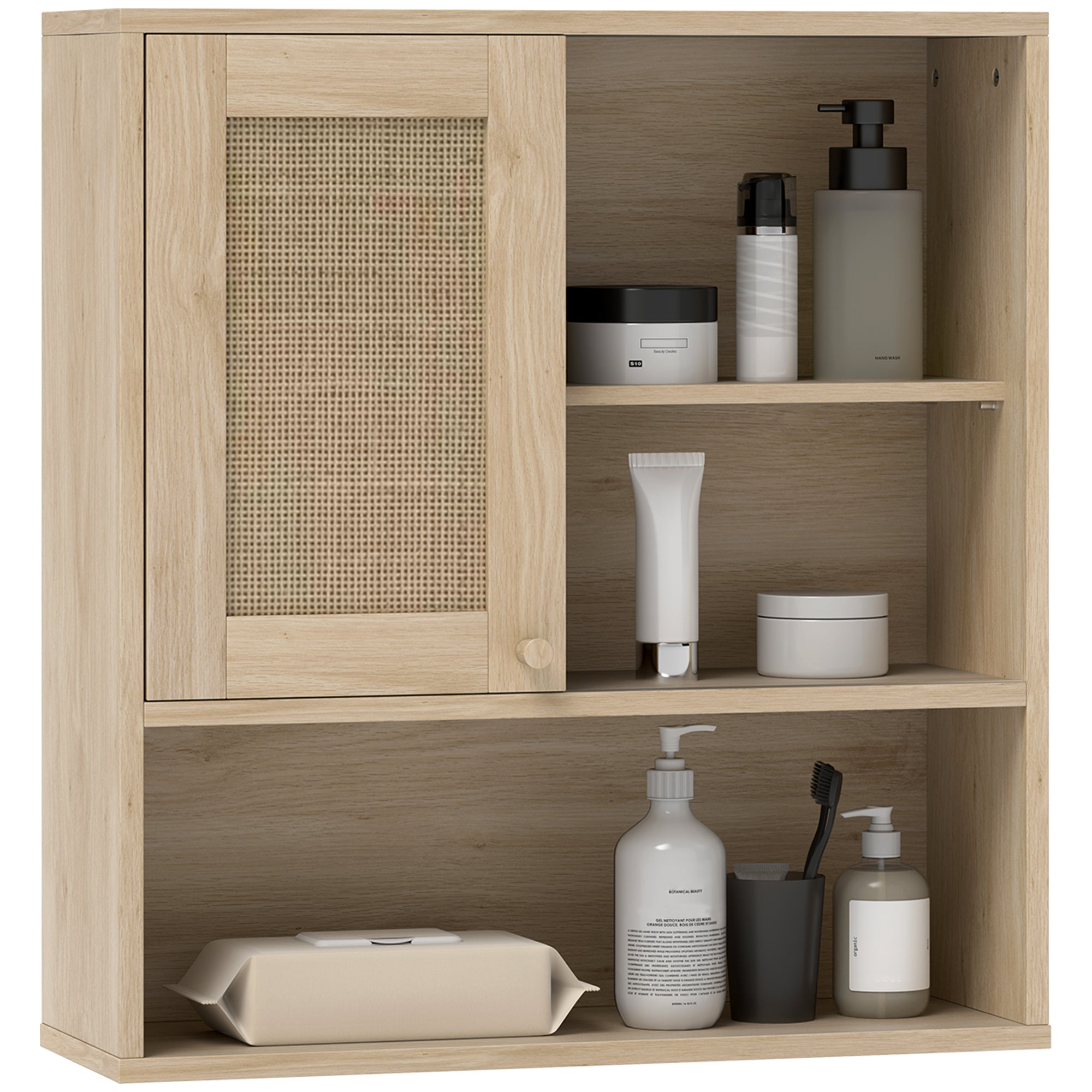 Armoire murale, meuble haut salle de bain avec porte coulissante en rotin et étagères ouvertes, meuble de salle de bain style bohème, meuble de rangement suspendu, 60 x 20 x 65 cm, bois naturel