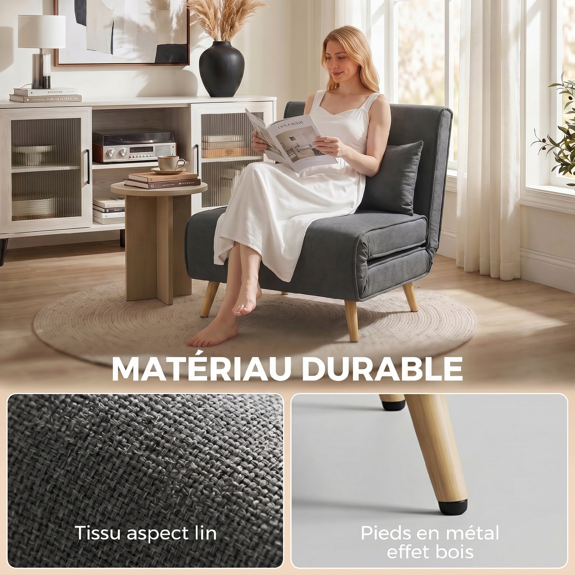 fauteuil convertible 1 place, fauteuil-lit chauffeuse 3 en 1 avec dossier réglable, oreiller, siège rembourré, tissu en lin, canapé-lit pour invités, salon, charge 120 Kg, 190/78 x 94 cm, gris