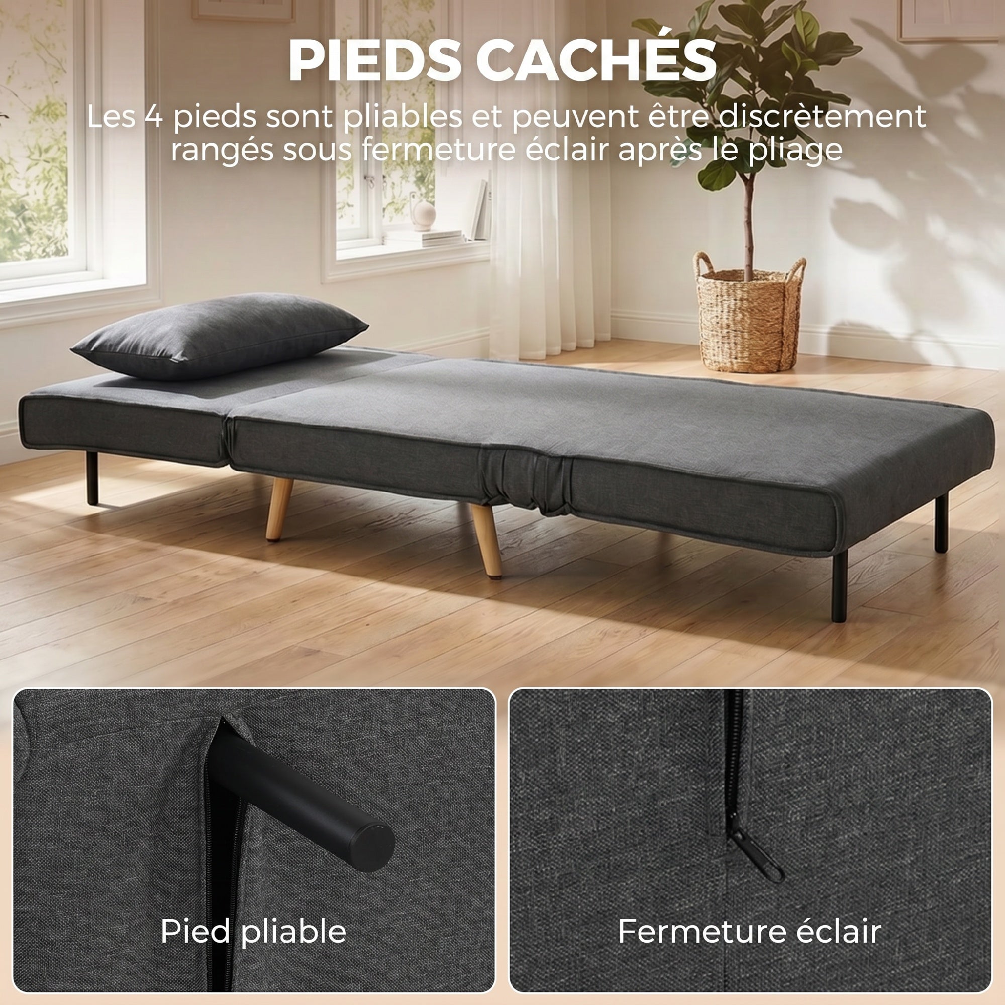 fauteuil convertible 1 place, fauteuil-lit chauffeuse 3 en 1 avec dossier réglable, oreiller, siège rembourré, tissu en lin, canapé-lit pour invités, salon, charge 120 Kg, 190/78 x 94 cm, gris