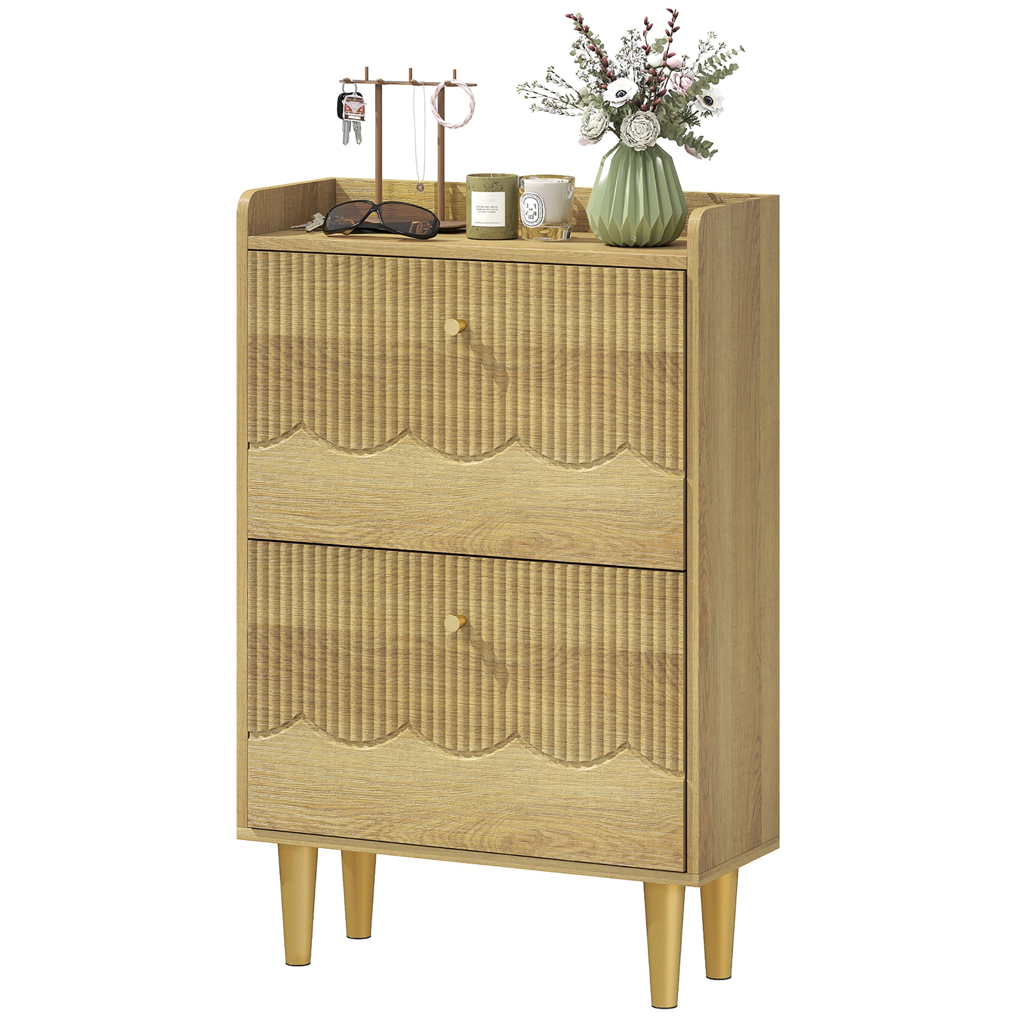 Meuble à chaussures 12 paires, armoire à chaussures étroite, 2 tiroirs rabattables, étagères réglables et plateau supérieur, pour couloir et entrée, 60 x 24 x 92 cm, chêne