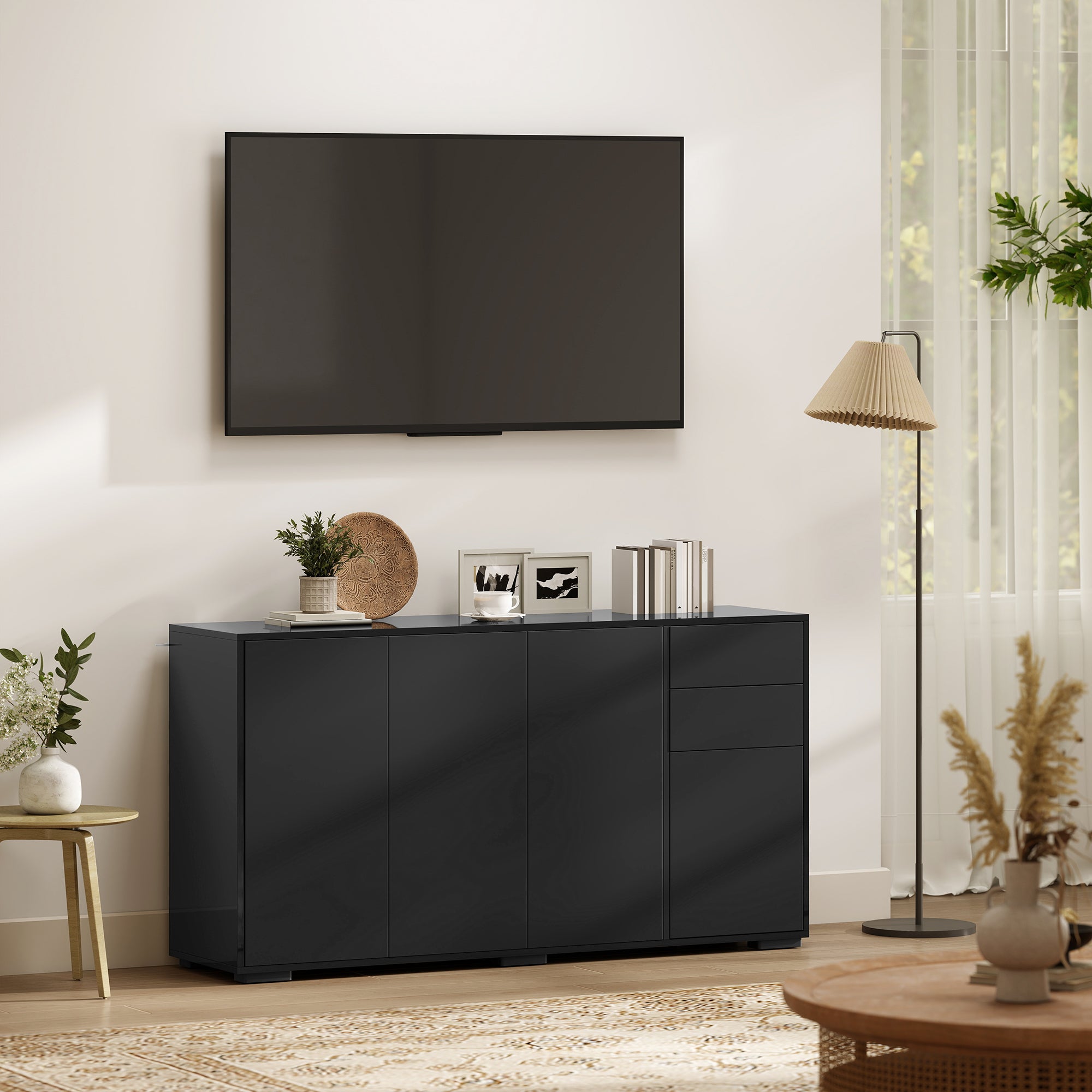 Buffet meuble de rangement 2 tiroirs coulissants 4 portes étagère réglable panneaux de particules 140 x 36 x 74 cm noir