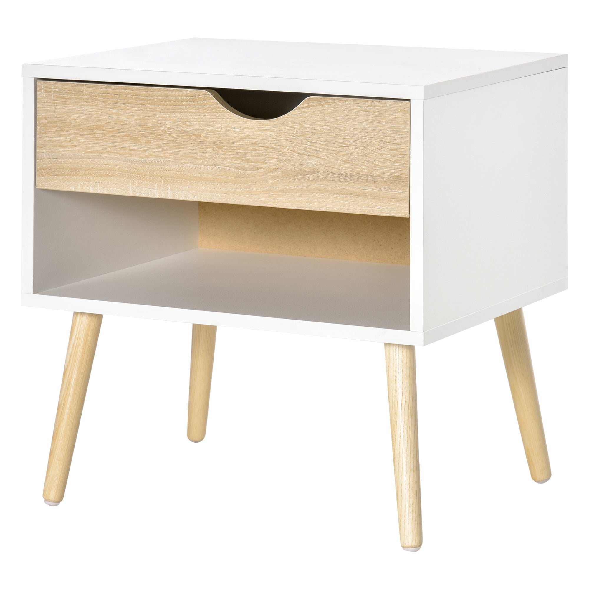 Table de chevet, table de nuit, avec tiroir, design moderne, pieds en bois massif, 50 x 39 x 51 cm, blanc et bois naturel