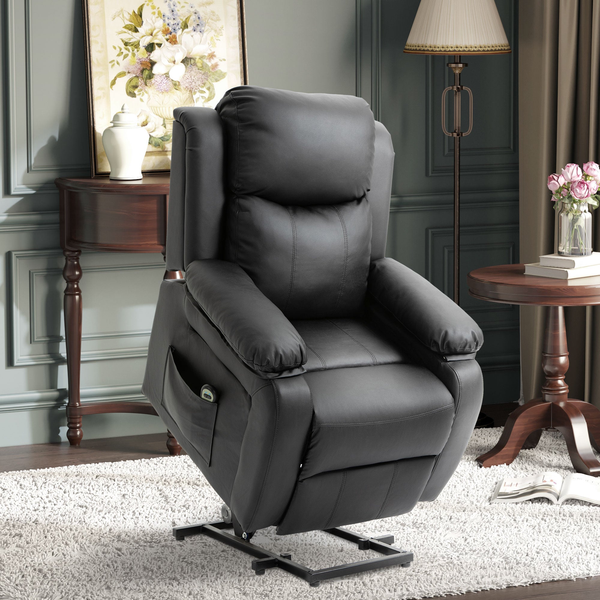 Fauteuil releveur électrique, fauteuil relax électrique avec repose-pied, dossier inclinable, télécommande et poches latérales, revêtement en PU, pour personnes âgées, noir