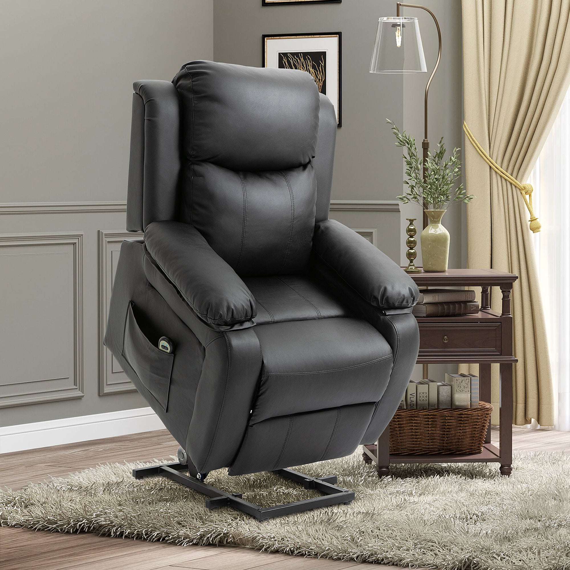 Fauteuil releveur électrique, fauteuil relax électrique avec repose-pied, dossier inclinable, télécommande et poches latérales, revêtement en PU, pour personnes âgées, noir