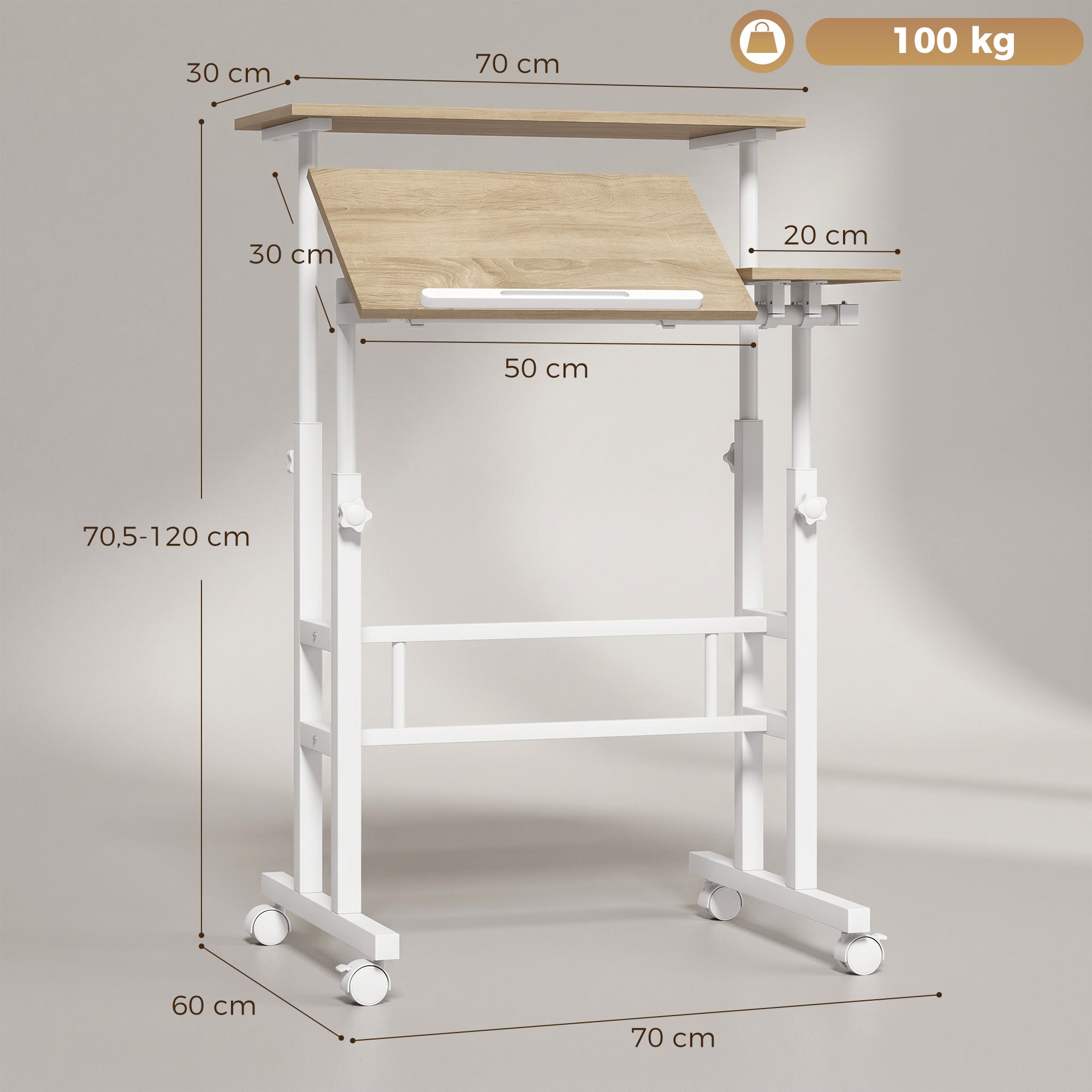 Bureau assis debout, bureau réglable en hauteur 70 x 60 cm, table ordinateur à roulettes avec plateau inclinable, poste de travail pour chambre, petits espaces, marron