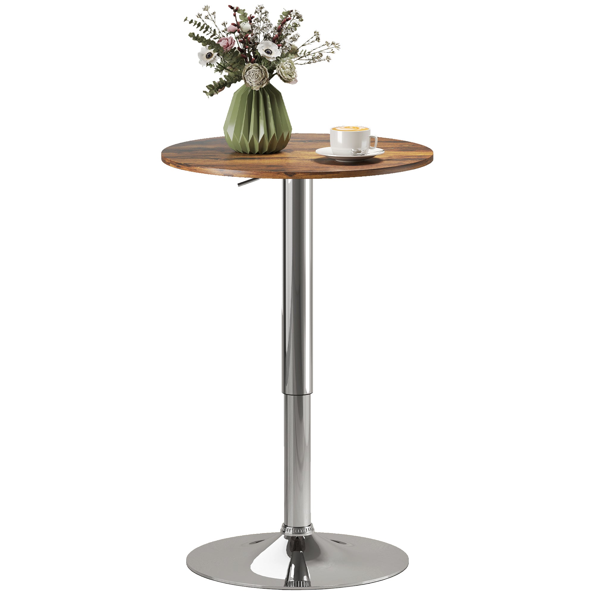 Table de Bar Table Bistro Mange-debout Chic Style Contemporain Hauteur réglable 67-93 cm Ø 60 cm Plateau pivotant 360° métal chromé marron