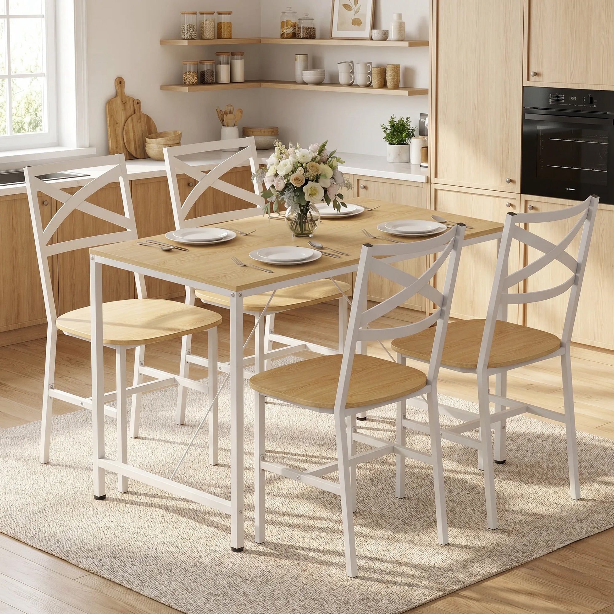Ensemble Table Salle à Manger avec 4 Chaises, Table de Cuisine avec Chaises pour 4 Personnes, Plateau 108x60cm, Style Nordique, Cadre en Acier, pour Salon, Petit Espace, Bois Naturel et Blanc