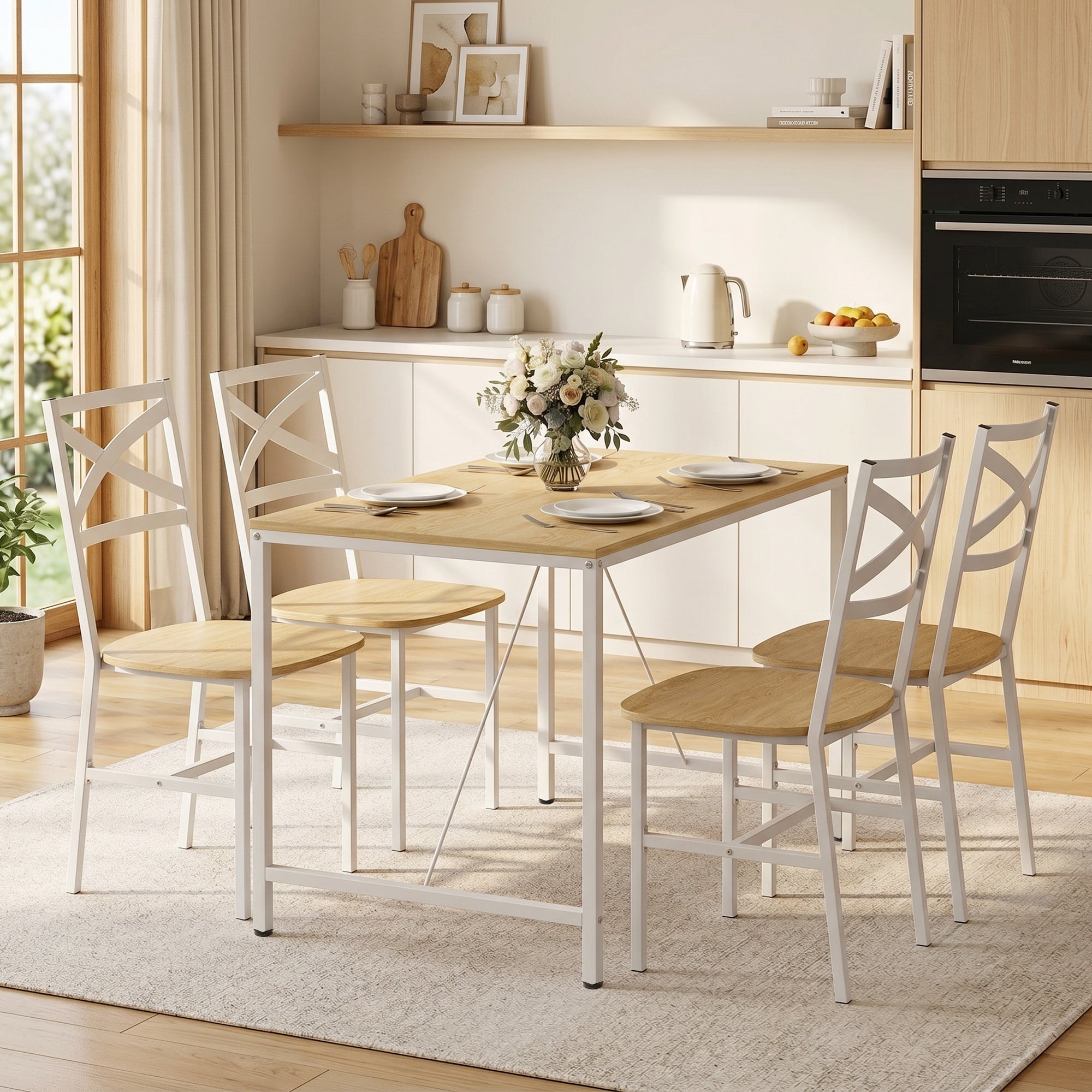 Ensemble Table Salle à Manger avec 4 Chaises, Table de Cuisine avec Chaises pour 4 Personnes, Plateau 108x60cm, Style Nordique, Cadre en Acier, pour Salon, Petit Espace, Bois Naturel et Blanc