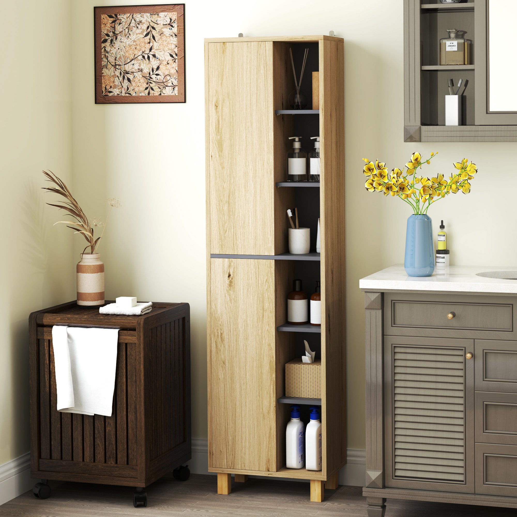 Meuble colonne salle de bain, armoire de salle de bain avec 6 compartiments ouverts et 2 placards, dim. 40l x 24P x 148H cm, bois naturel