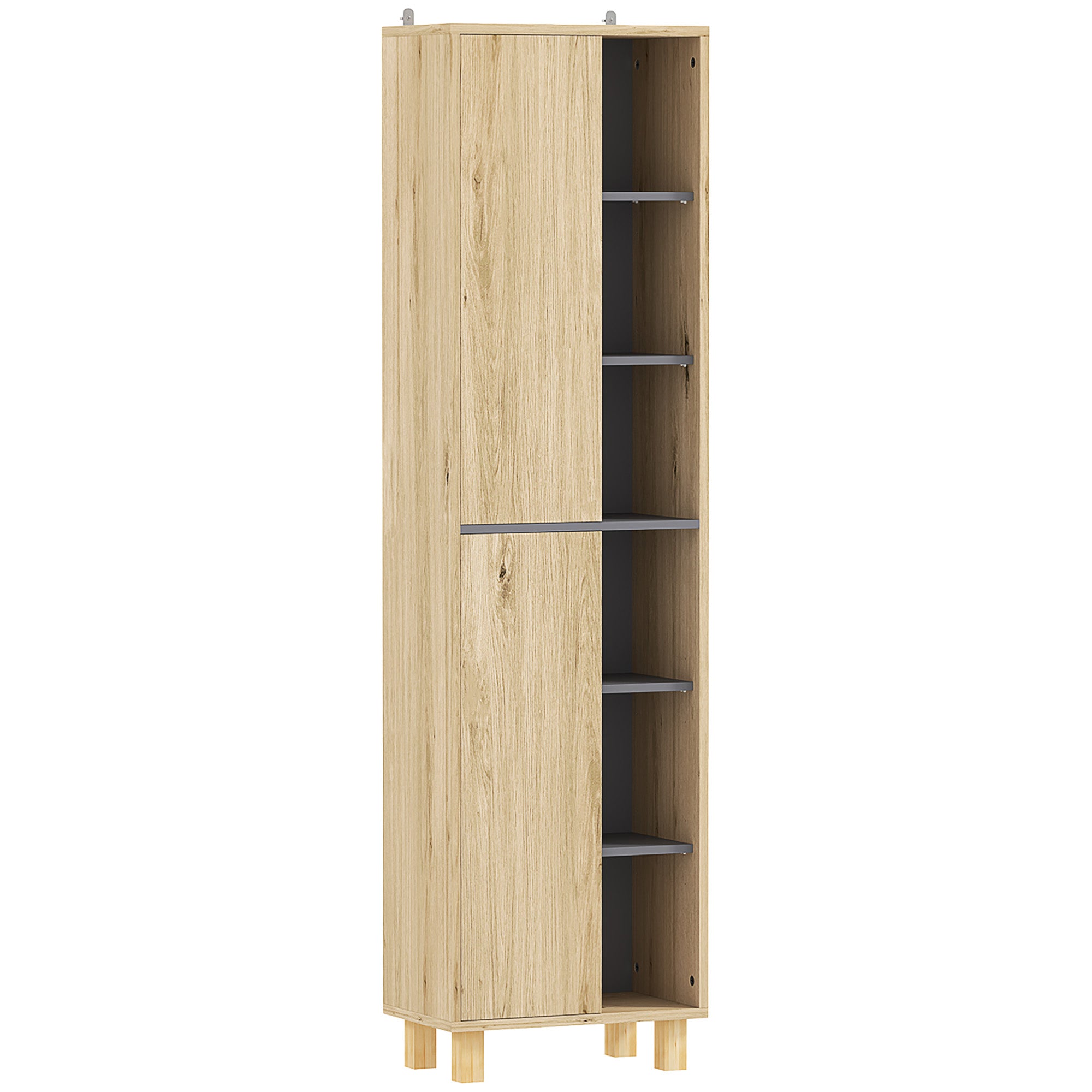 Meuble colonne salle de bain, armoire de salle de bain avec 6 compartiments ouverts et 2 placards, dim. 40l x 24P x 148H cm, bois naturel