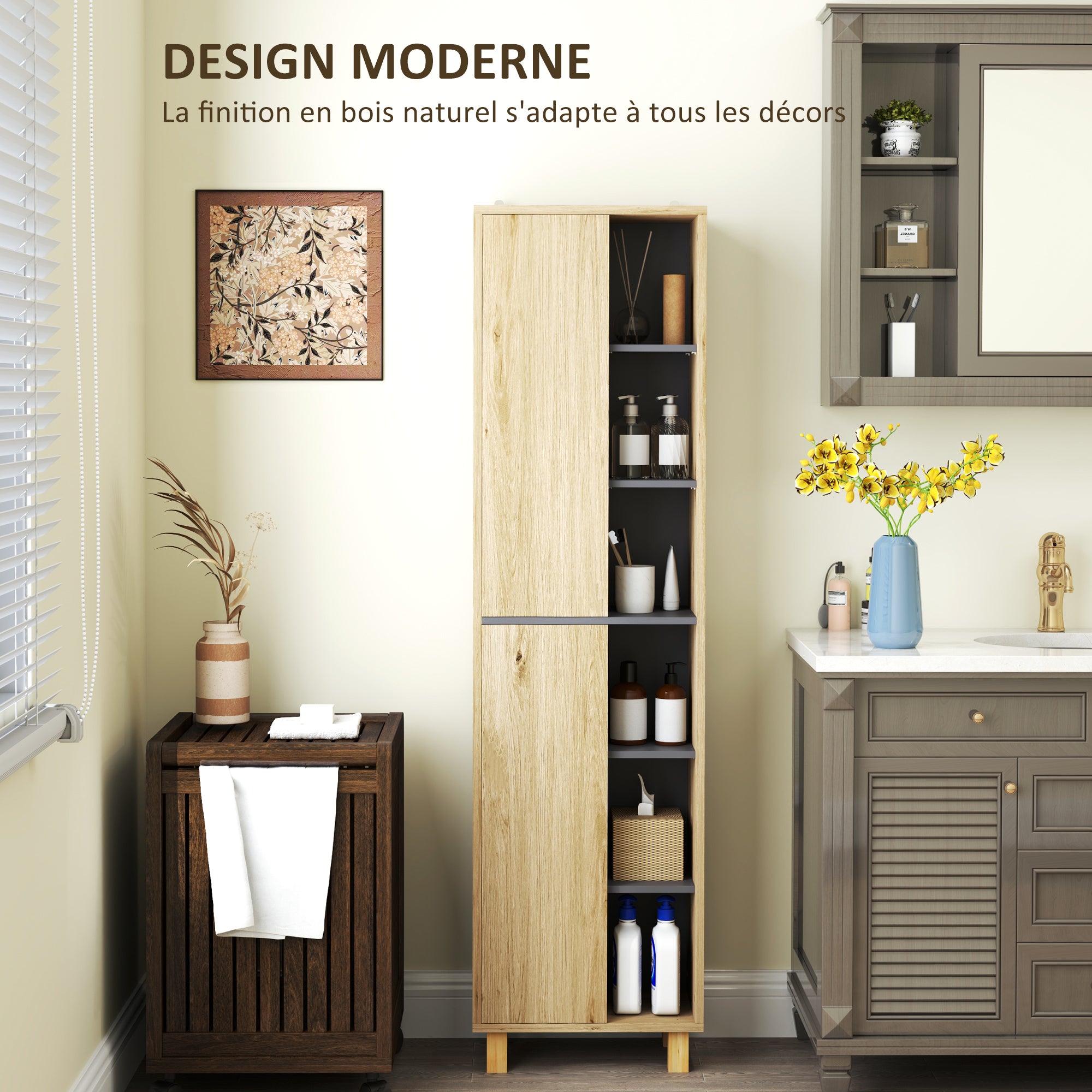 Meuble colonne salle de bain, armoire de salle de bain avec 6 compartiments ouverts et 2 placards, dim. 40l x 24P x 148H cm, bois naturel