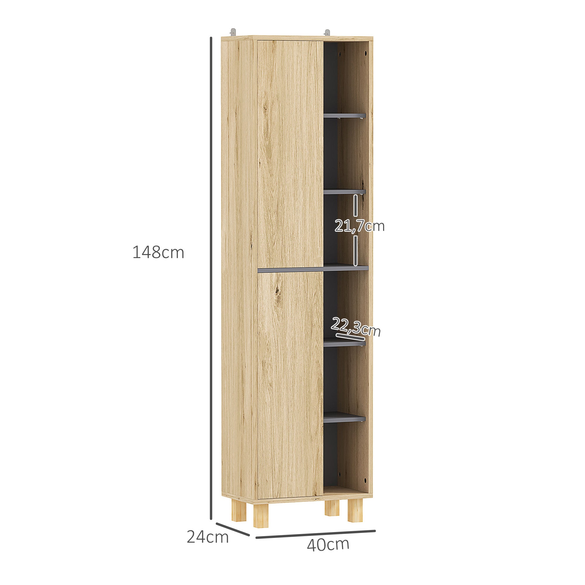 Meuble colonne salle de bain, armoire de salle de bain avec 6 compartiments ouverts et 2 placards, dim. 40l x 24P x 148H cm, bois naturel