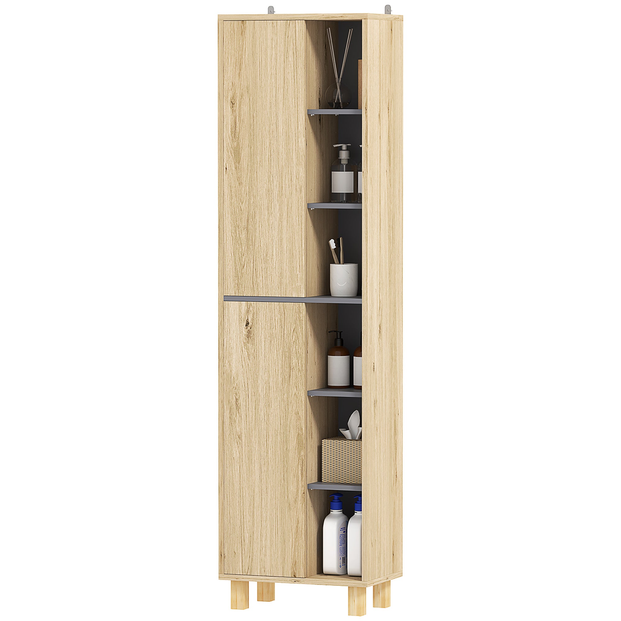 Meuble colonne salle de bain, armoire de salle de bain avec 6 compartiments ouverts et 2 placards, dim. 40l x 24P x 148H cm, bois naturel