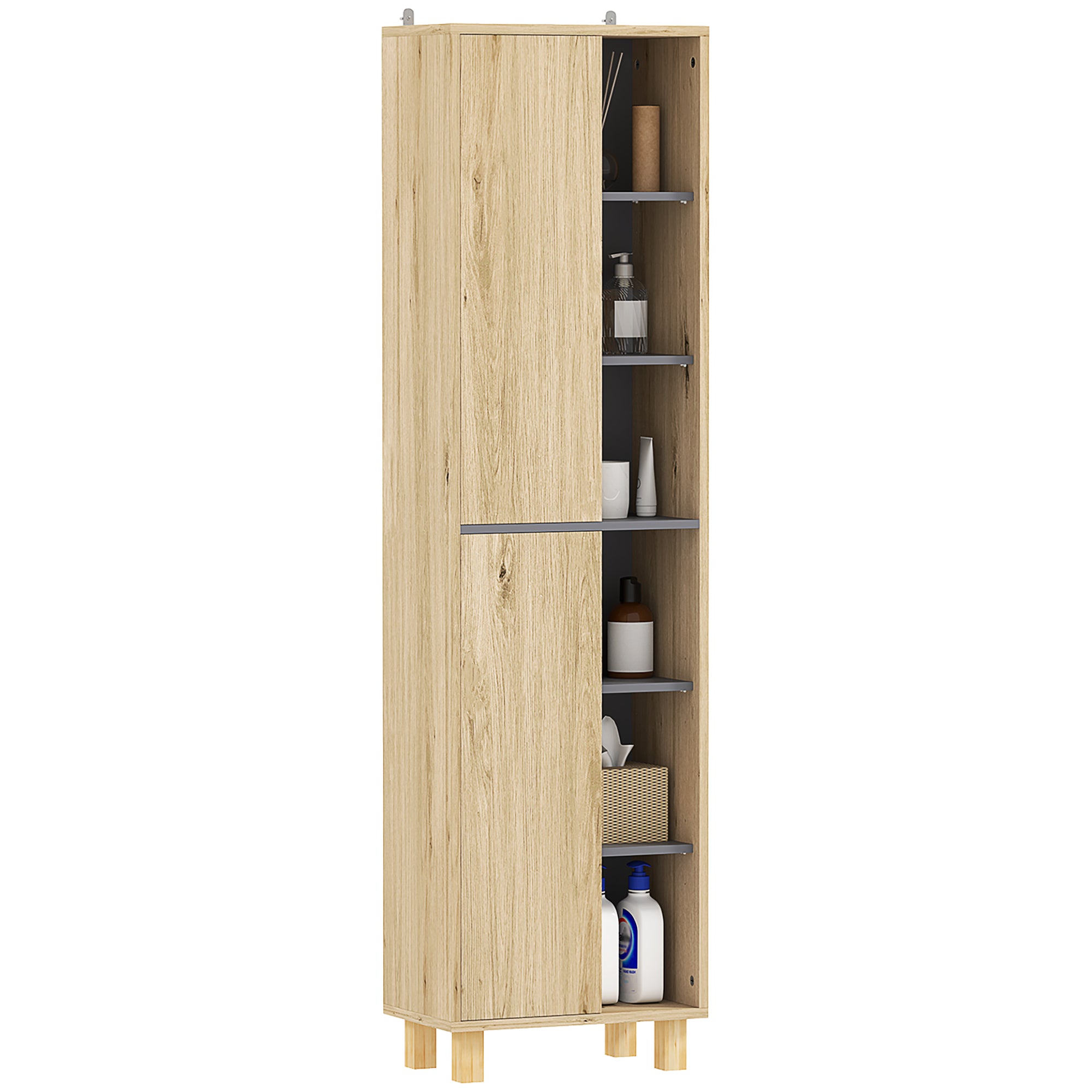 Meuble colonne salle de bain, armoire de salle de bain avec 6 compartiments ouverts et 2 placards, dim. 40l x 24P x 148H cm, bois naturel