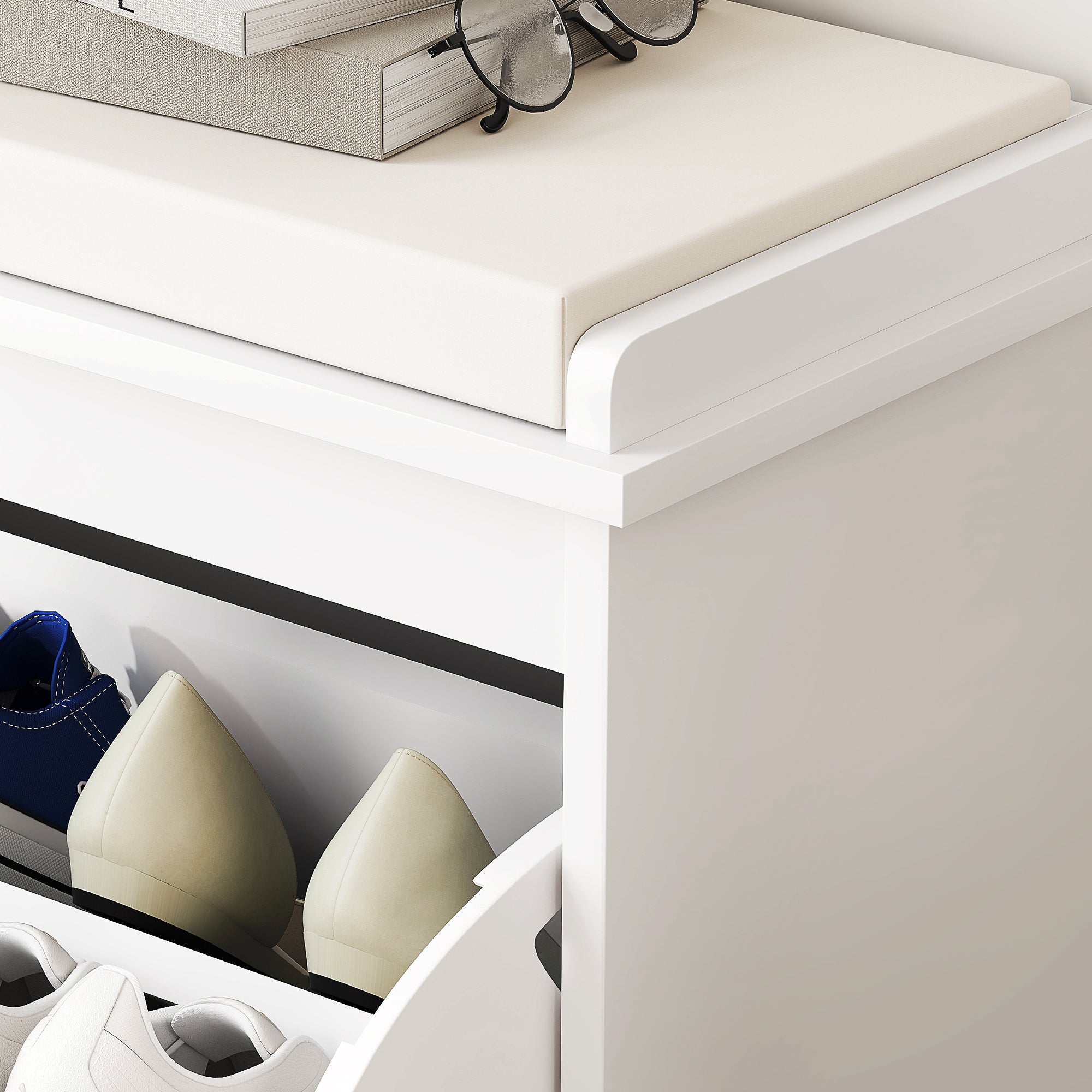 Banc à chaussures meuble à chaussures avec coussin d'assise rembourré et tiroir rabattable, banc d'entrée pour couloir, chambre, charge 120 KG, 62 x 26 x 47,5 cm, blanc