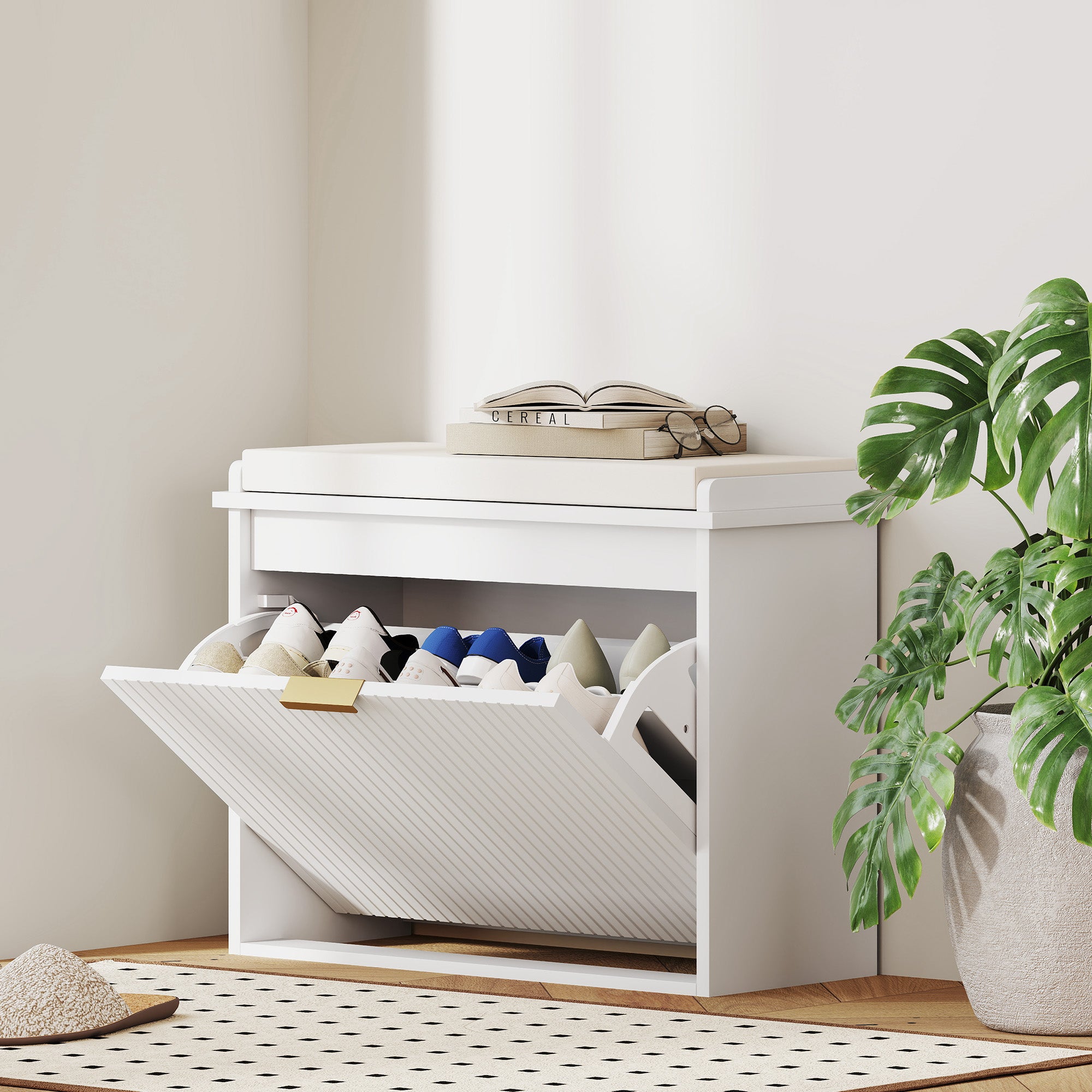 Banc à chaussures meuble à chaussures avec coussin d'assise rembourré et tiroir rabattable, banc d'entrée pour couloir, chambre, charge 120 KG, 62 x 26 x 47,5 cm, blanc