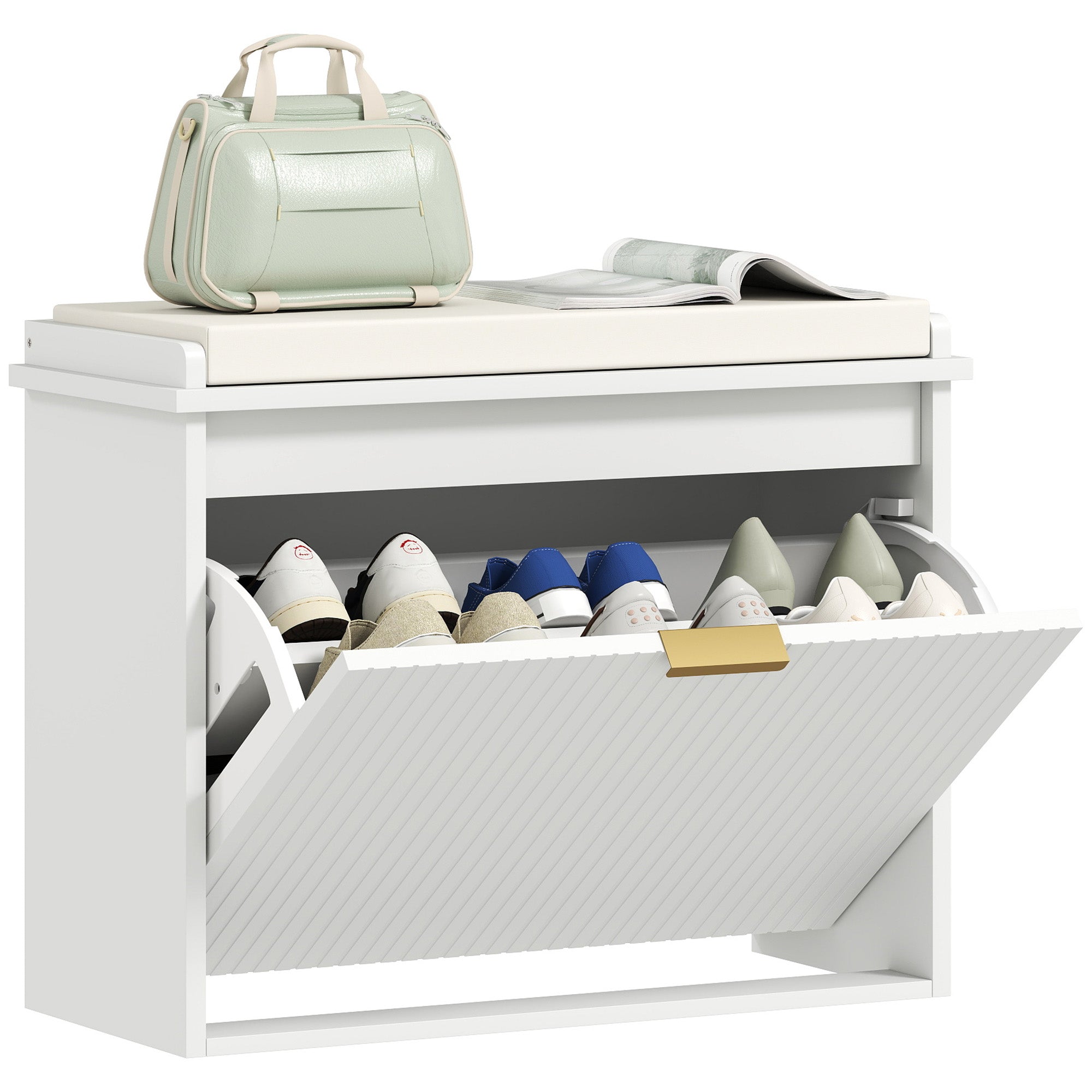 Banc à chaussures meuble à chaussures avec coussin d'assise rembourré et tiroir rabattable, banc d'entrée pour couloir, chambre, charge 120 KG, 62 x 26 x 47,5 cm, blanc
