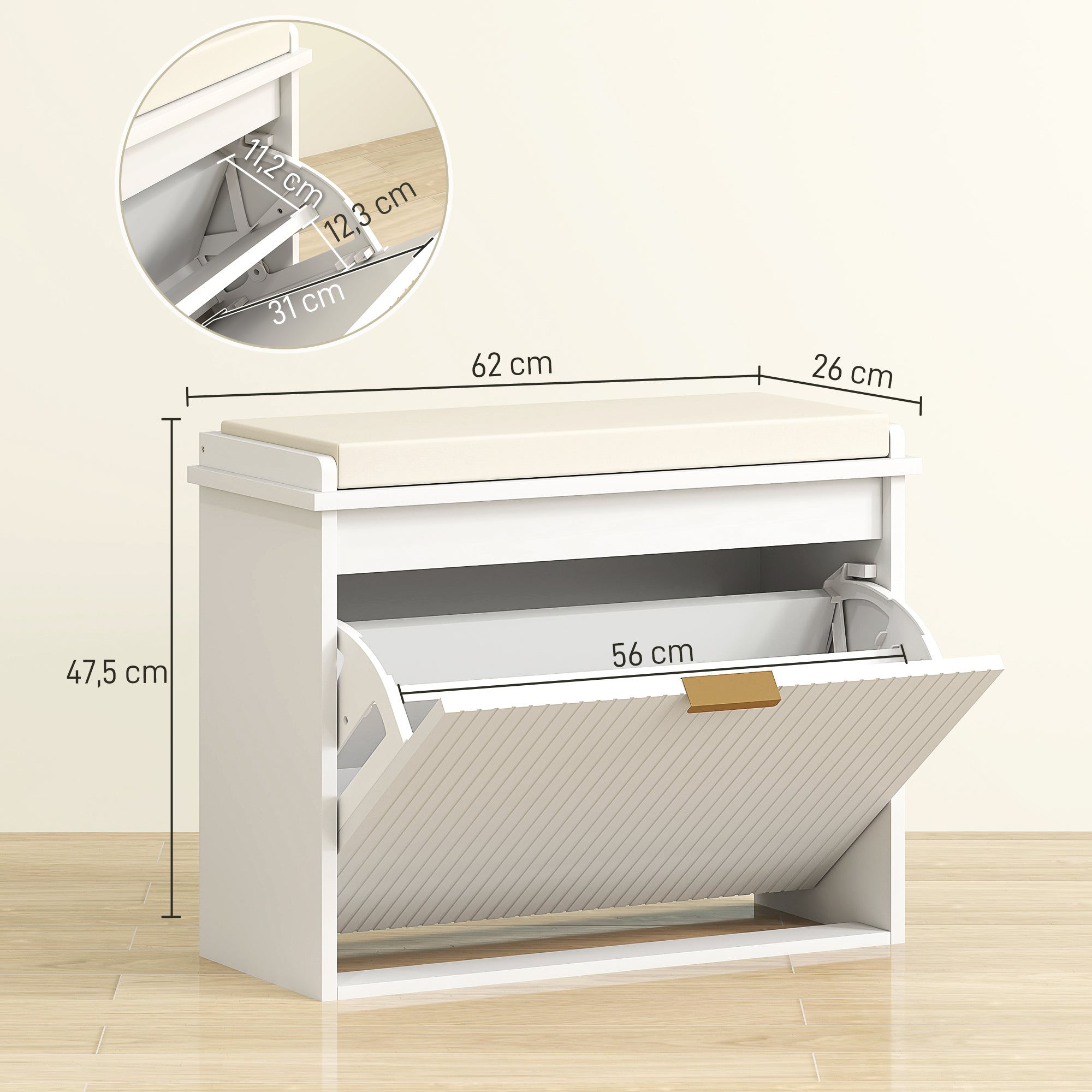 Banc à chaussures meuble à chaussures avec coussin d'assise rembourré et tiroir rabattable, banc d'entrée pour couloir, chambre, charge 120 KG, 62 x 26 x 47,5 cm, blanc