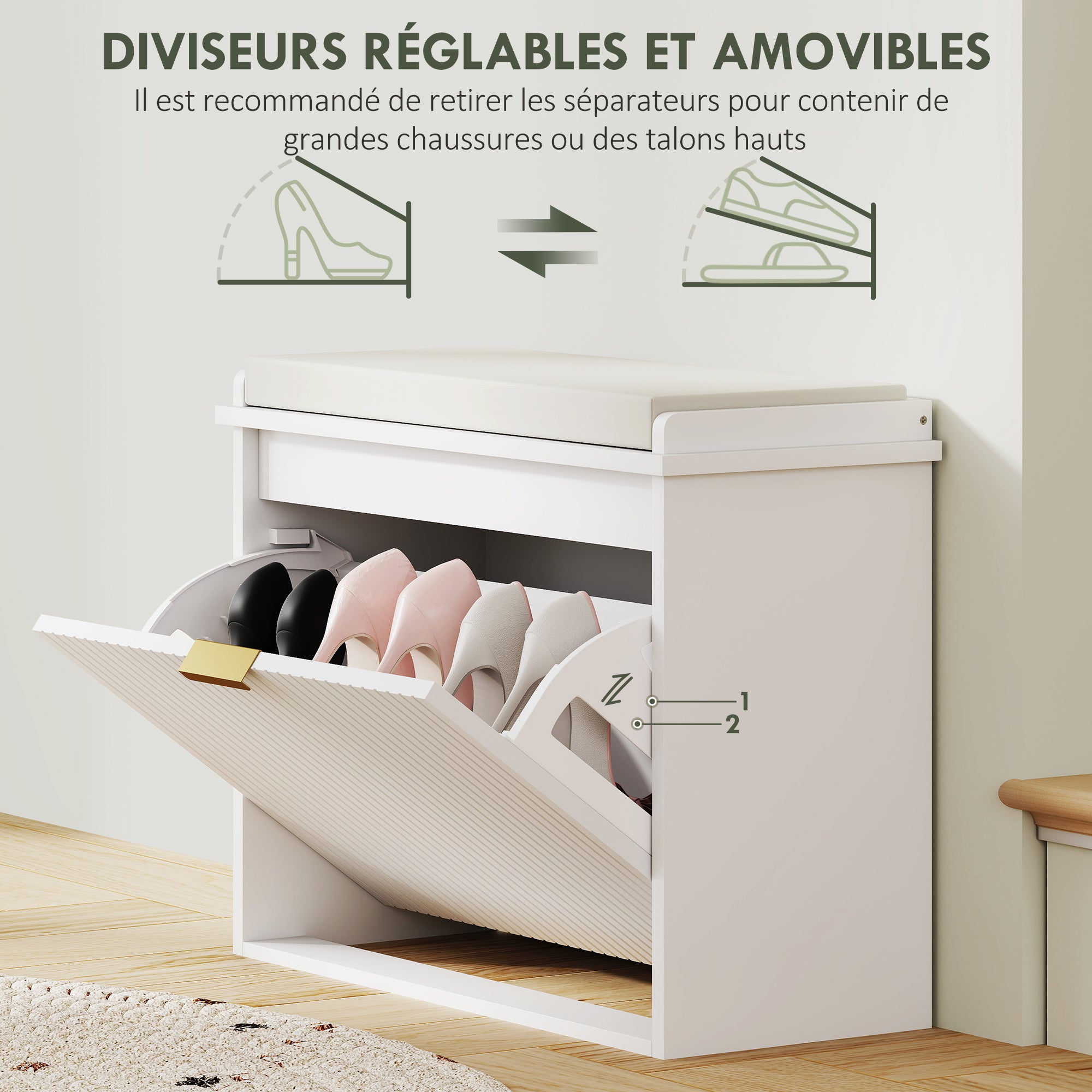 Banc à chaussures meuble à chaussures avec coussin d'assise rembourré et tiroir rabattable, banc d'entrée pour couloir, chambre, charge 120 KG, 62 x 26 x 47,5 cm, blanc