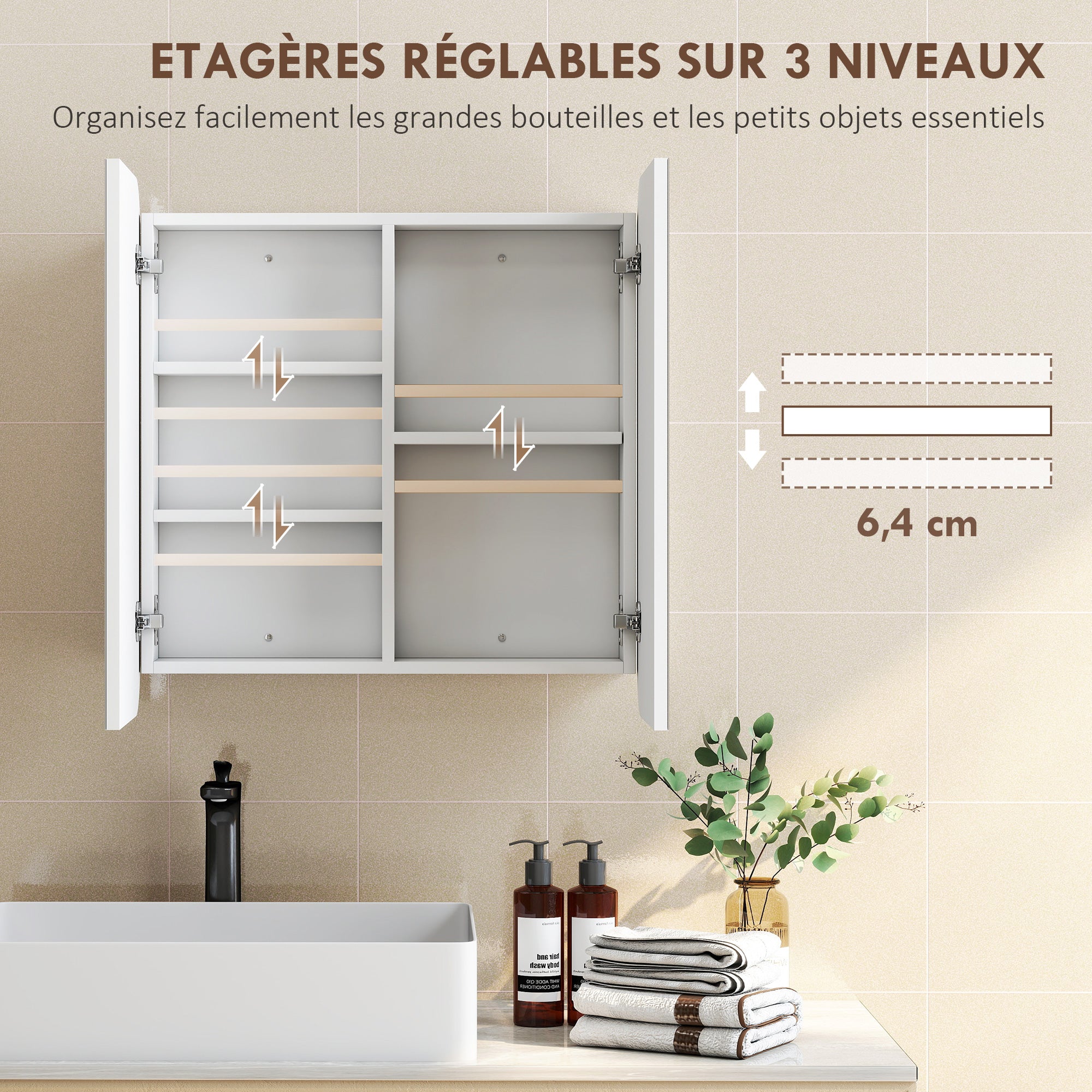 Armoire murale salle de bain avec miroir arqué 68 x 13 x 66 cm meuble salle de bain, armoire de toilette avec étagère réglable et 2 portes pour cuisine, buanderie, blanc