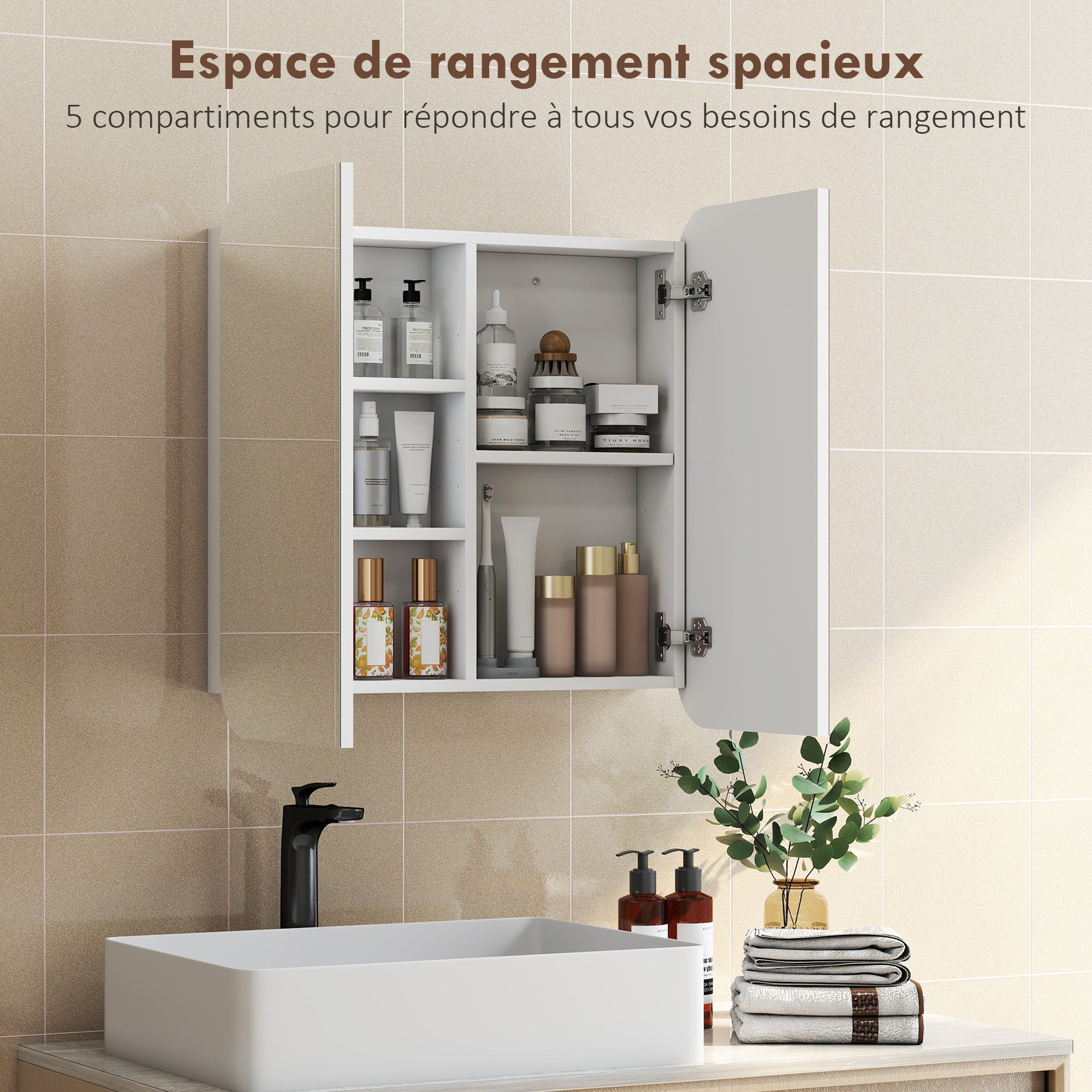 Armoire murale salle de bain avec miroir arqué 68 x 13 x 66 cm meuble salle de bain, armoire de toilette avec étagère réglable et 2 portes pour cuisine, buanderie, blanc