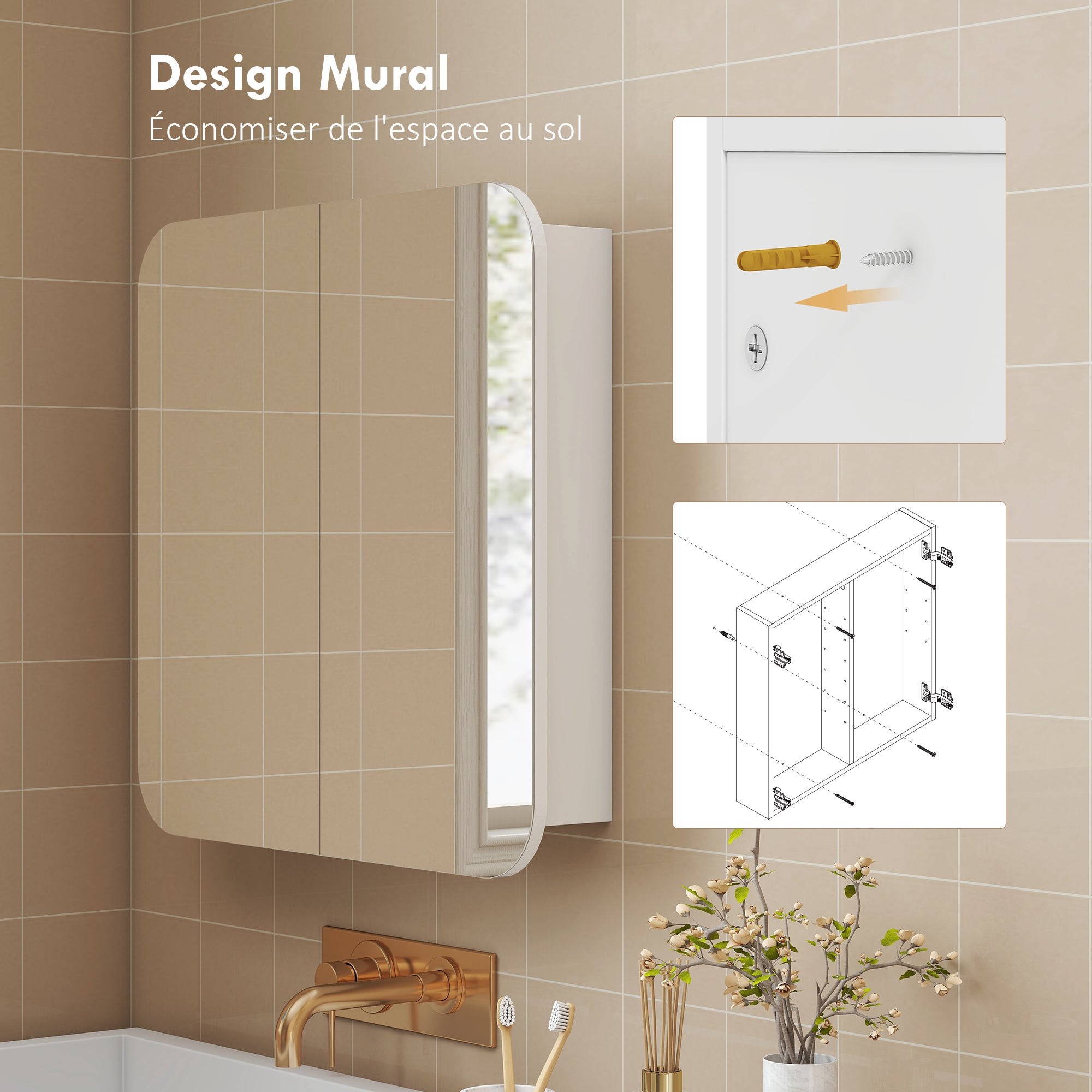 Armoire murale salle de bain avec miroir arqué 68 x 13 x 66 cm meuble salle de bain, armoire de toilette avec étagère réglable et 2 portes pour cuisine, buanderie, blanc