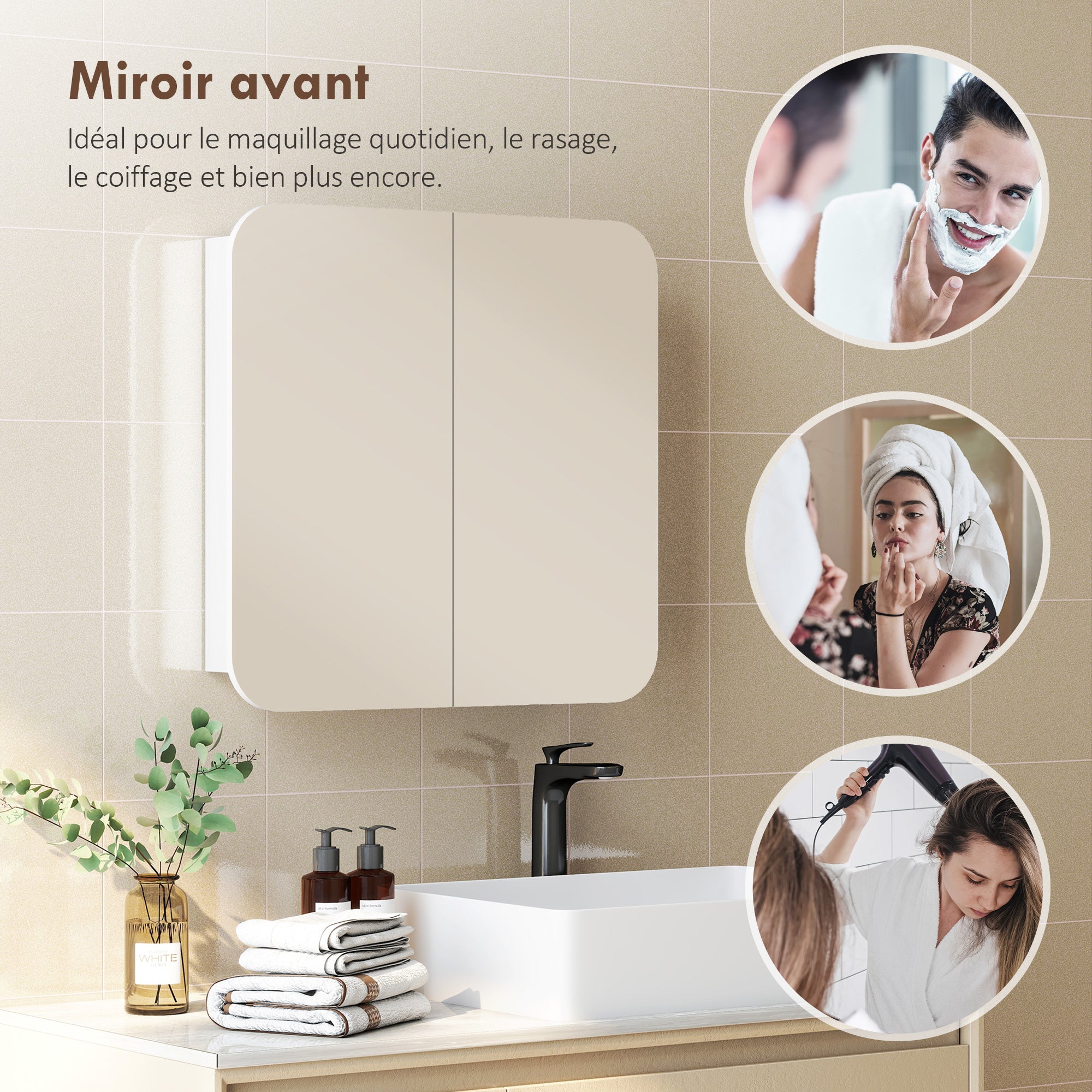 Armoire murale salle de bain avec miroir arqué 68 x 13 x 66 cm meuble salle de bain, armoire de toilette avec étagère réglable et 2 portes pour cuisine, buanderie, blanc