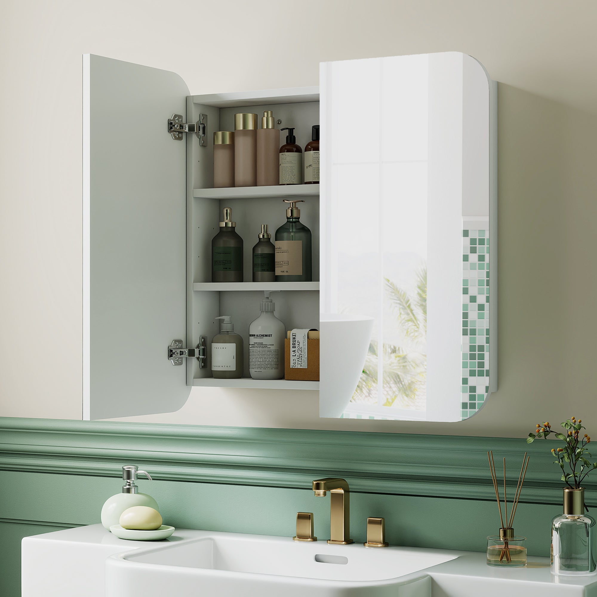 Armoire murale salle de bain avec miroir arqué 68 x 13 x 66 cm meuble salle de bain, armoire de toilette avec étagère réglable et 2 portes pour cuisine, buanderie, blanc