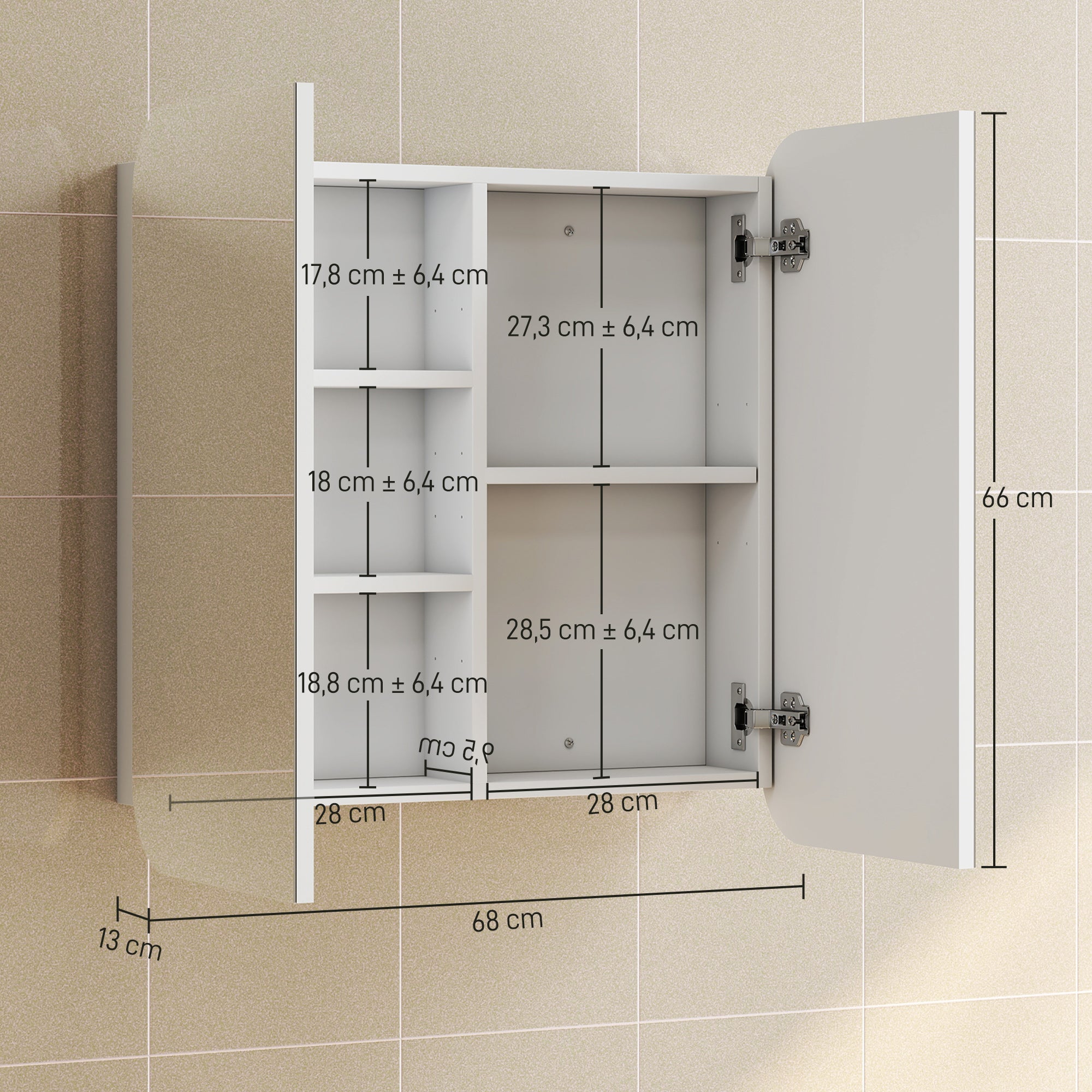 Armoire murale salle de bain avec miroir arqué 68 x 13 x 66 cm meuble salle de bain, armoire de toilette avec étagère réglable et 2 portes pour cuisine, buanderie, blanc
