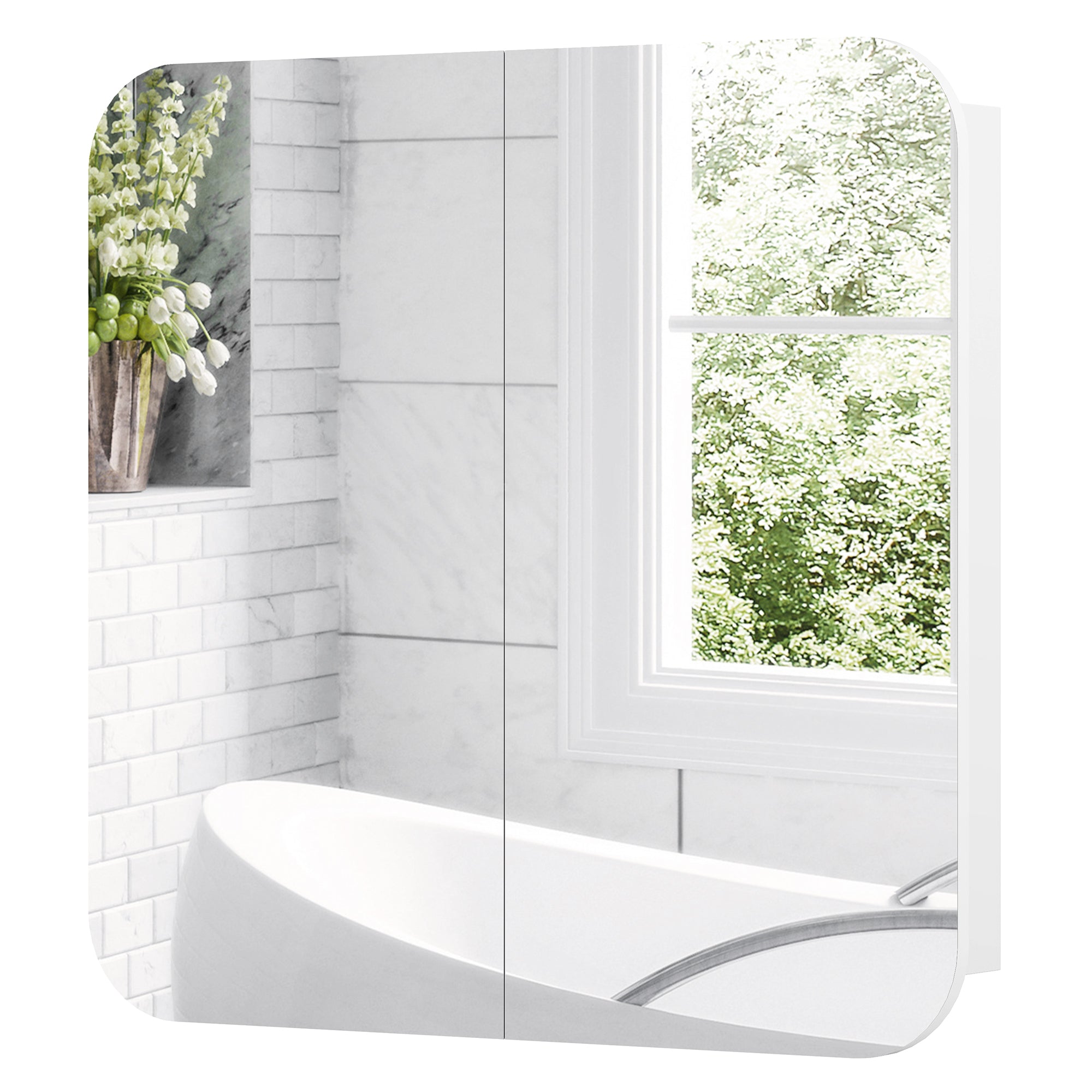 Armoire murale salle de bain avec miroir arqué 68 x 13 x 66 cm meuble salle de bain, armoire de toilette avec étagère réglable et 2 portes pour cuisine, buanderie, blanc