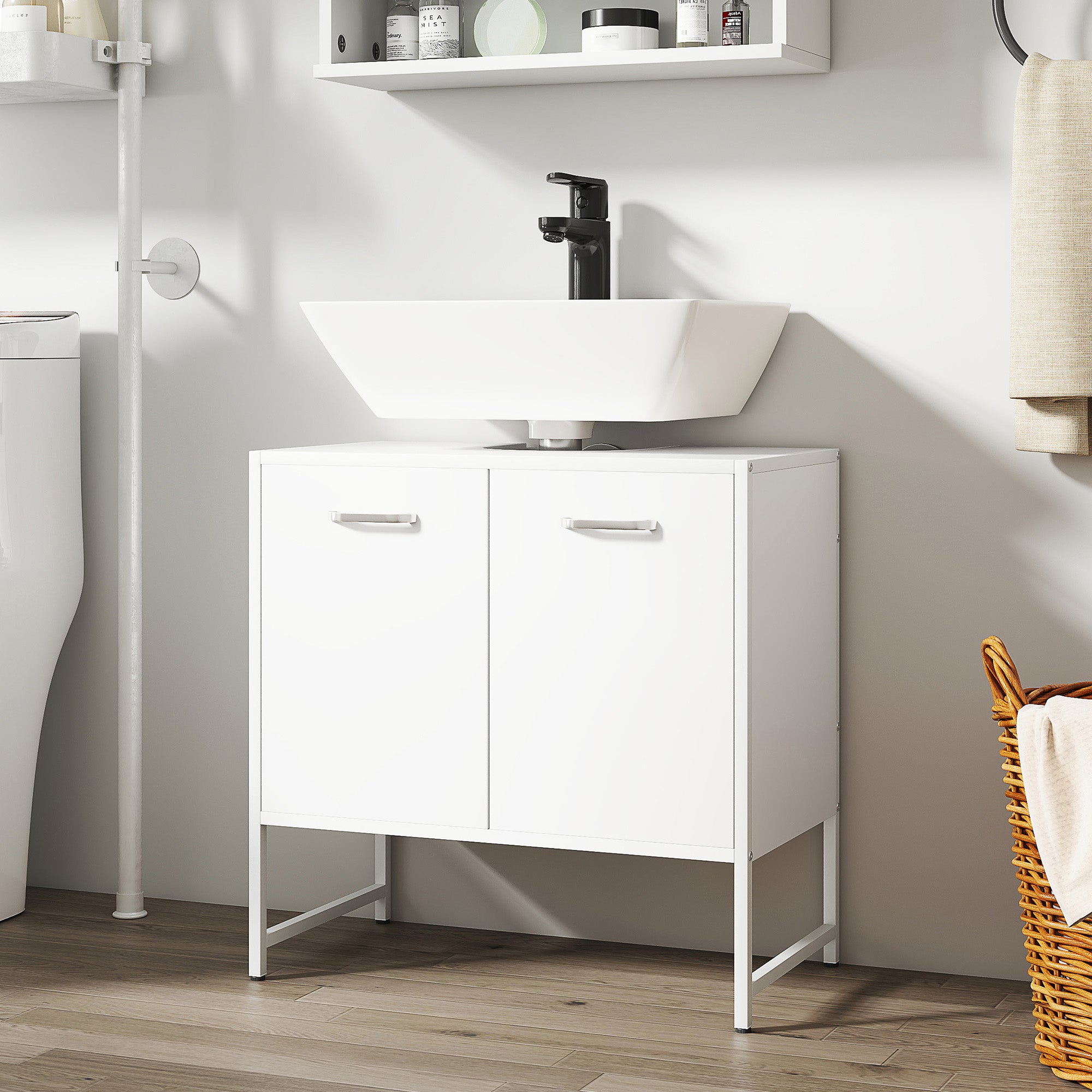 Meuble sous lavabo, meuble de salle de bain avec 2 portes à fermeture douce et étagère réglable, pieds en acier, armoire de salle de bains sous lavabo, 60 x 33 x 60,5 cm, blanc