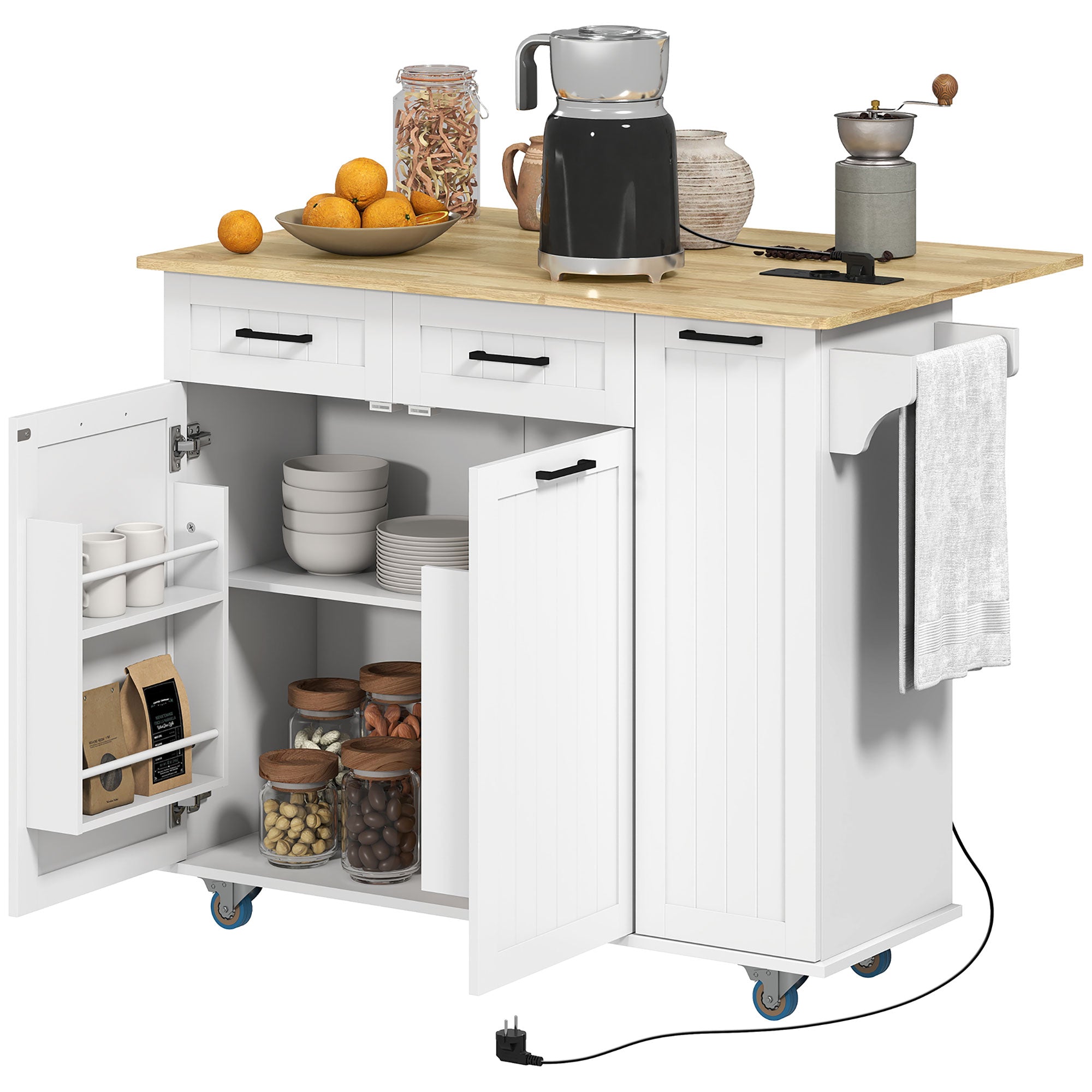 Îlot central cuisine mobile avec prise de courant et port USB desserte cuisine à roulettes avec tablette à abattant 2 tiroirs 2 placards étagère réglable porte-épices et porte-serviettes blanc