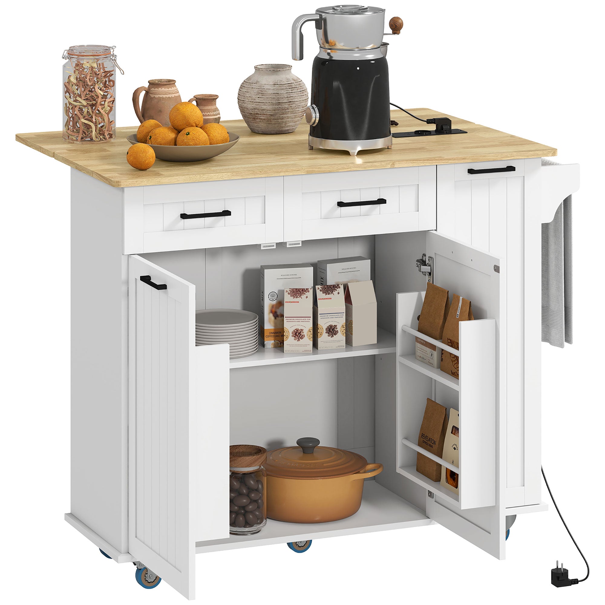 Îlot central cuisine mobile avec prise de courant et port USB desserte cuisine à roulettes avec tablette à abattant 2 tiroirs 2 placards étagère réglable porte-épices et porte-serviettes blanc
