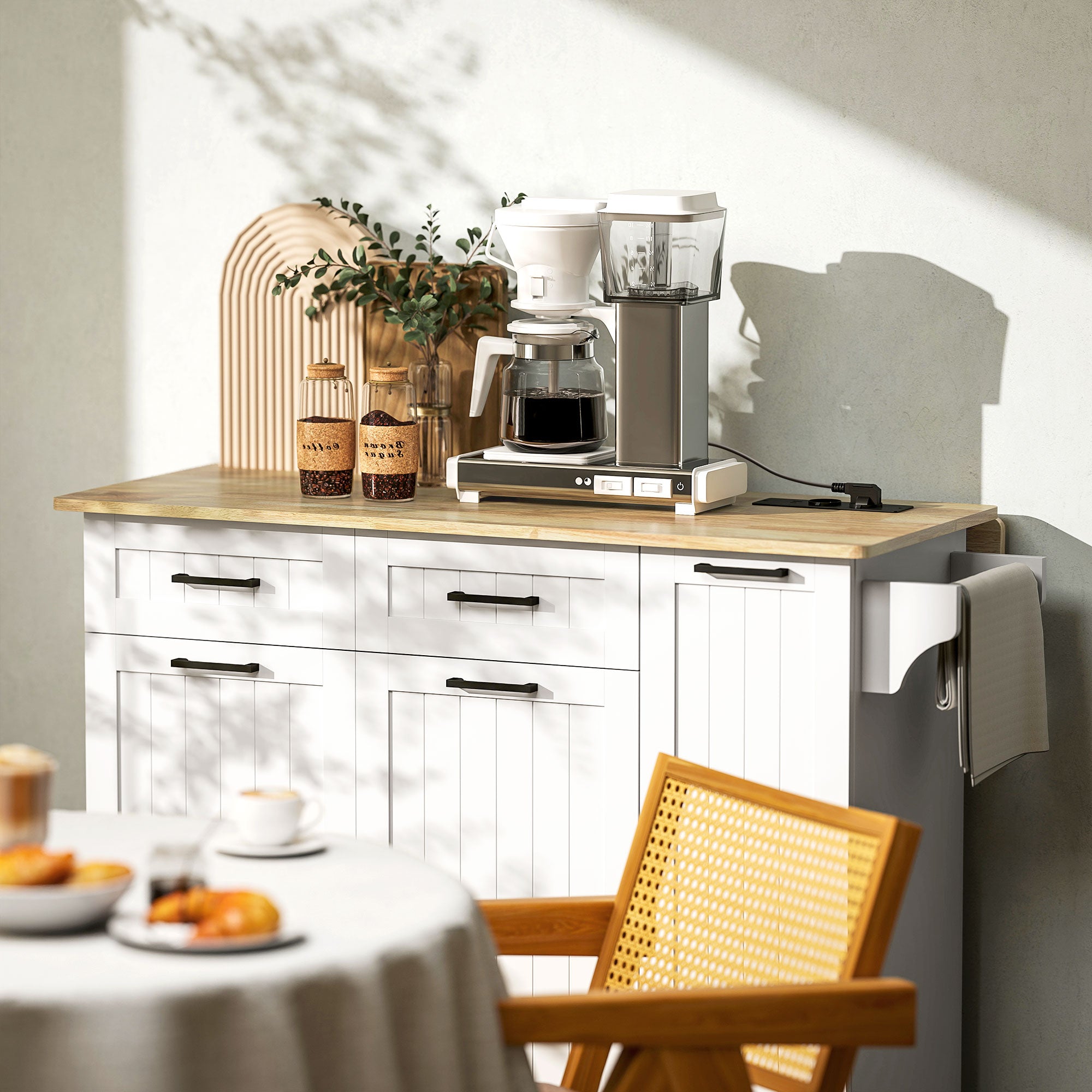 Îlot central cuisine mobile avec prise de courant et port USB desserte cuisine à roulettes avec tablette à abattant 2 tiroirs 2 placards étagère réglable porte-épices et porte-serviettes blanc